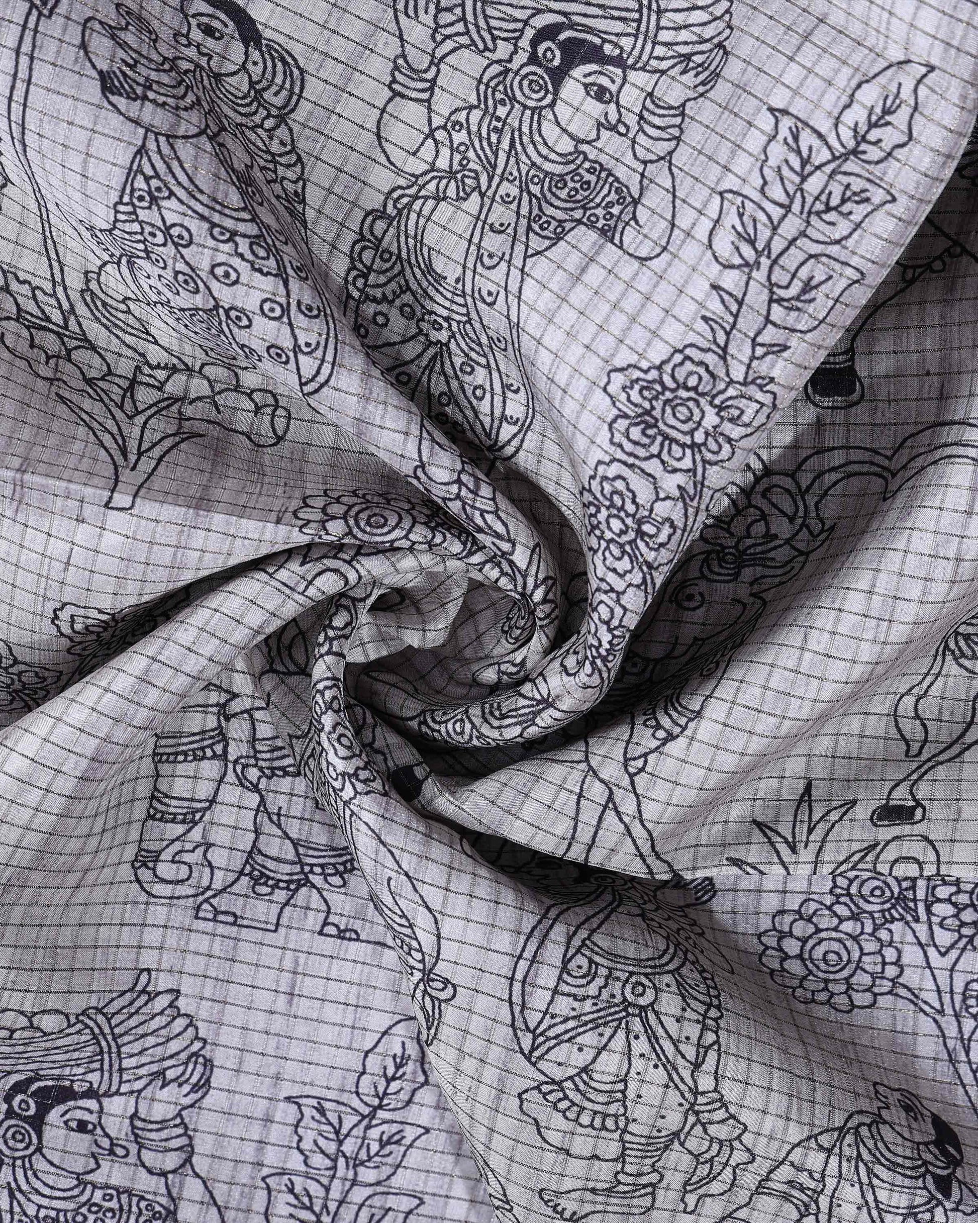 Classic Semi Tussar Saree with Intricate Line Art Print and Classic Woven Border - Off White-Close Up