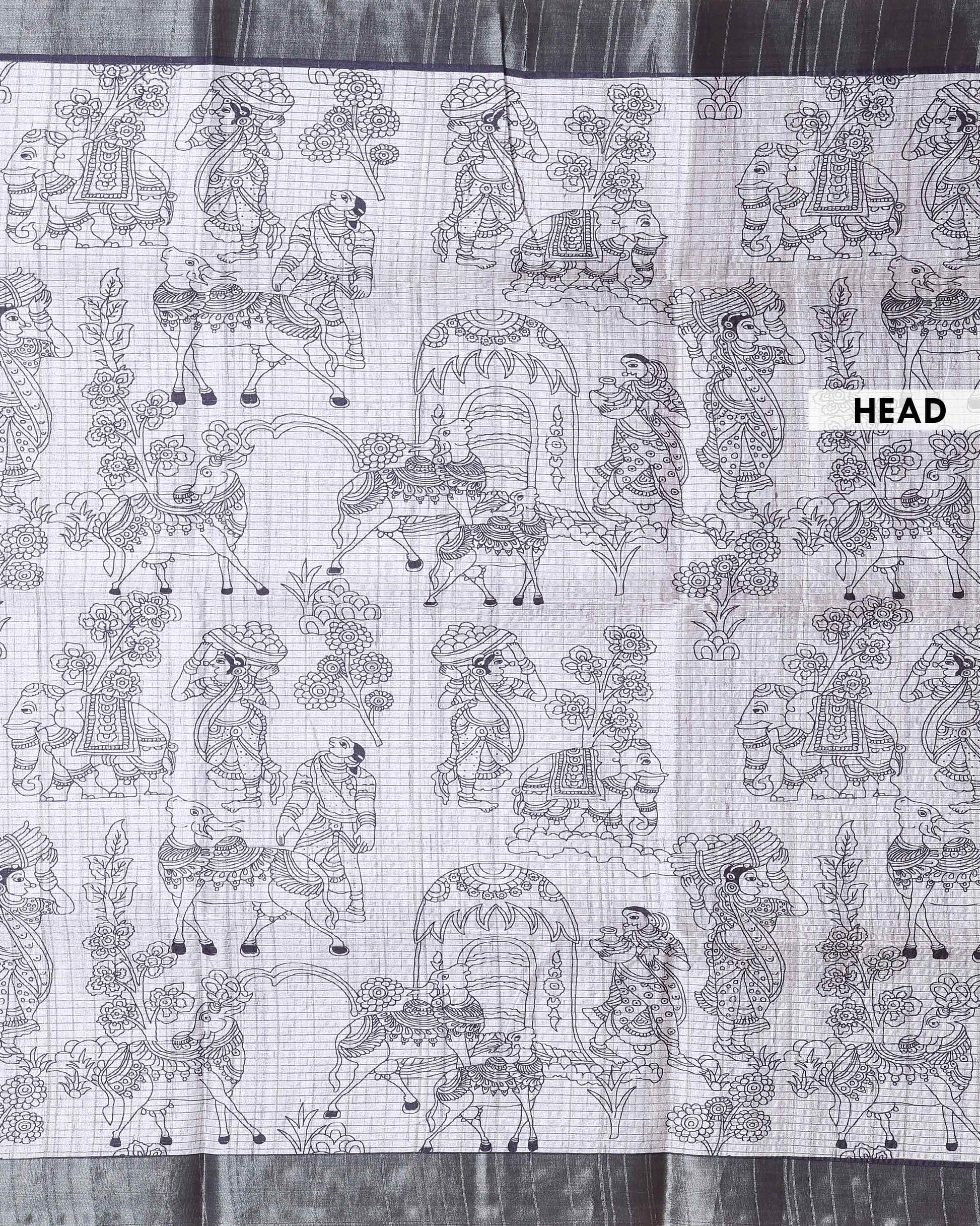 Classic Semi Tussar Saree with Intricate Line Art Print and Classic Woven Border - Off White-Head