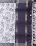 Classic Semi Tussar Saree with Intricate Line Art Print and Classic Woven Border - Off White-Pallu