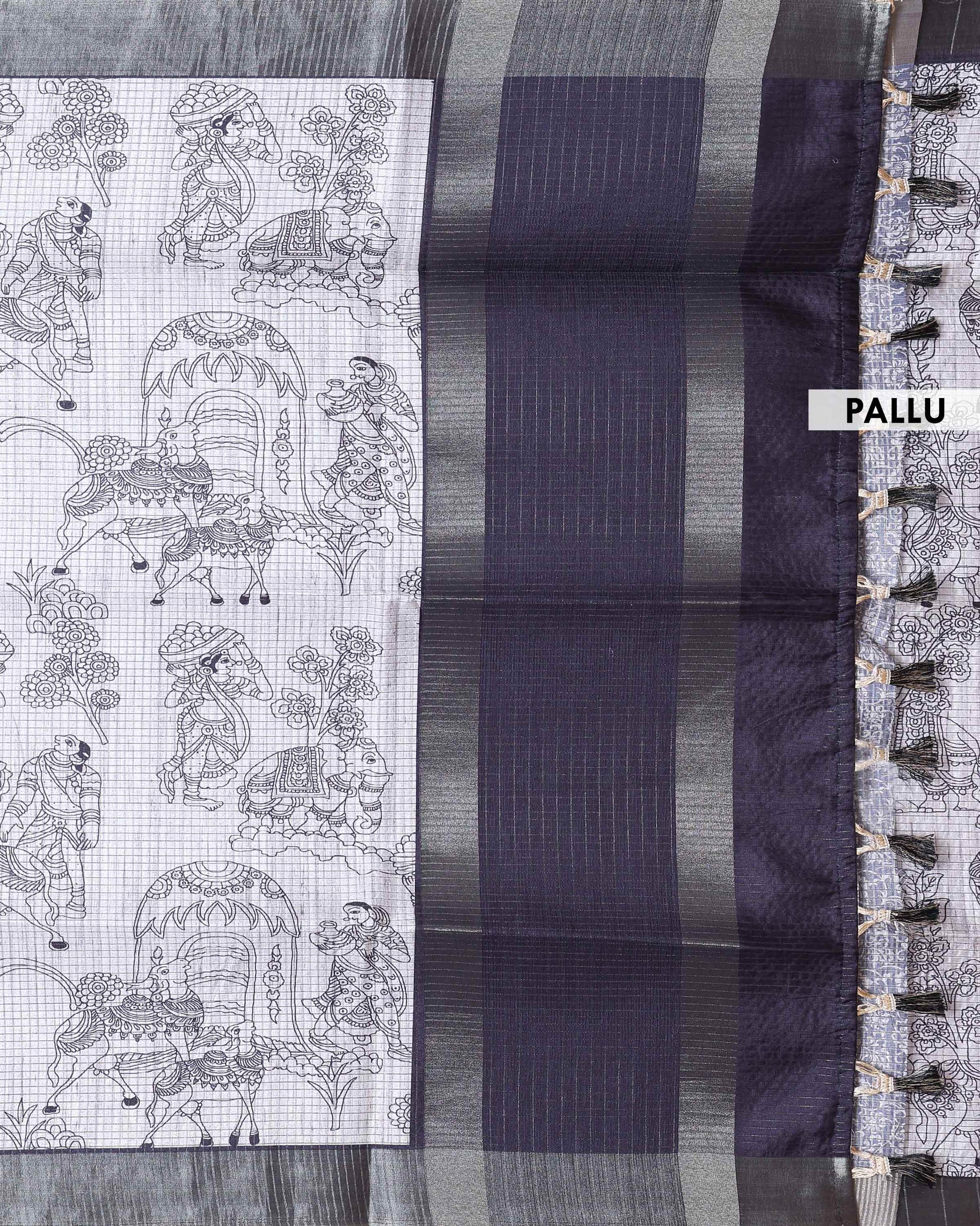 Classic Semi Tussar Saree with Intricate Line Art Print and Classic Woven Border - Off White-Pallu