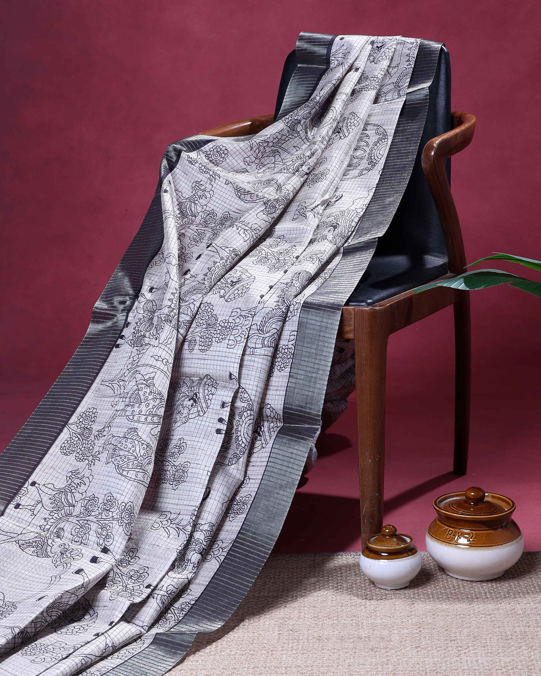 Classic Semi Tussar Saree with Intricate Line Art Print and Classic Woven Border - Off White