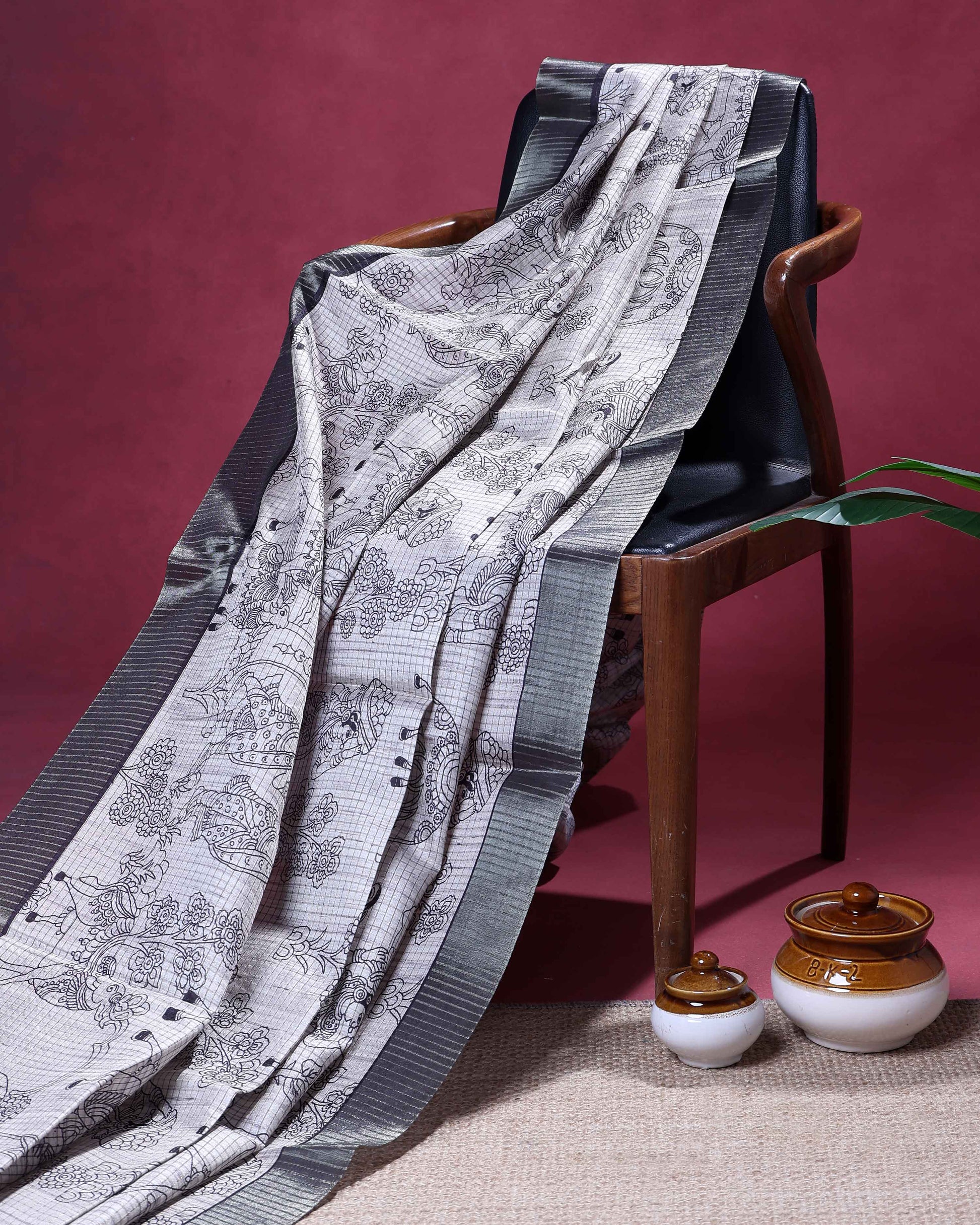 Classic Semi Tussar Saree with Intricate Line Art Print and Classic Woven Border - Off White