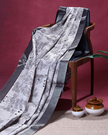 Classic Semi Tussar Saree with Intricate Line Art Print and Classic Woven Border - Off White