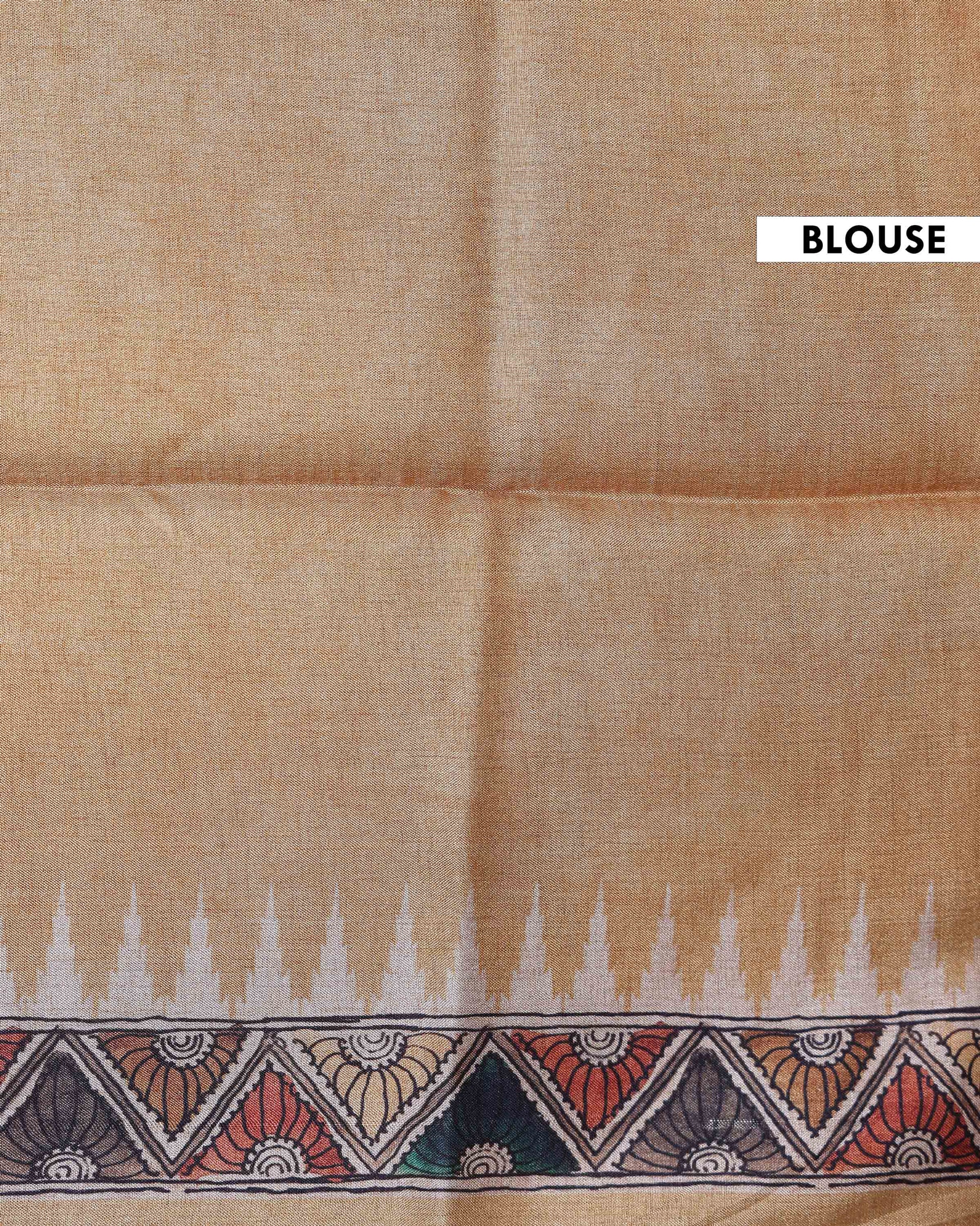 Classic Semi Tussar Saree with Tribal and Folk Art Print and Geometric Printed Border - Beige-Blouse