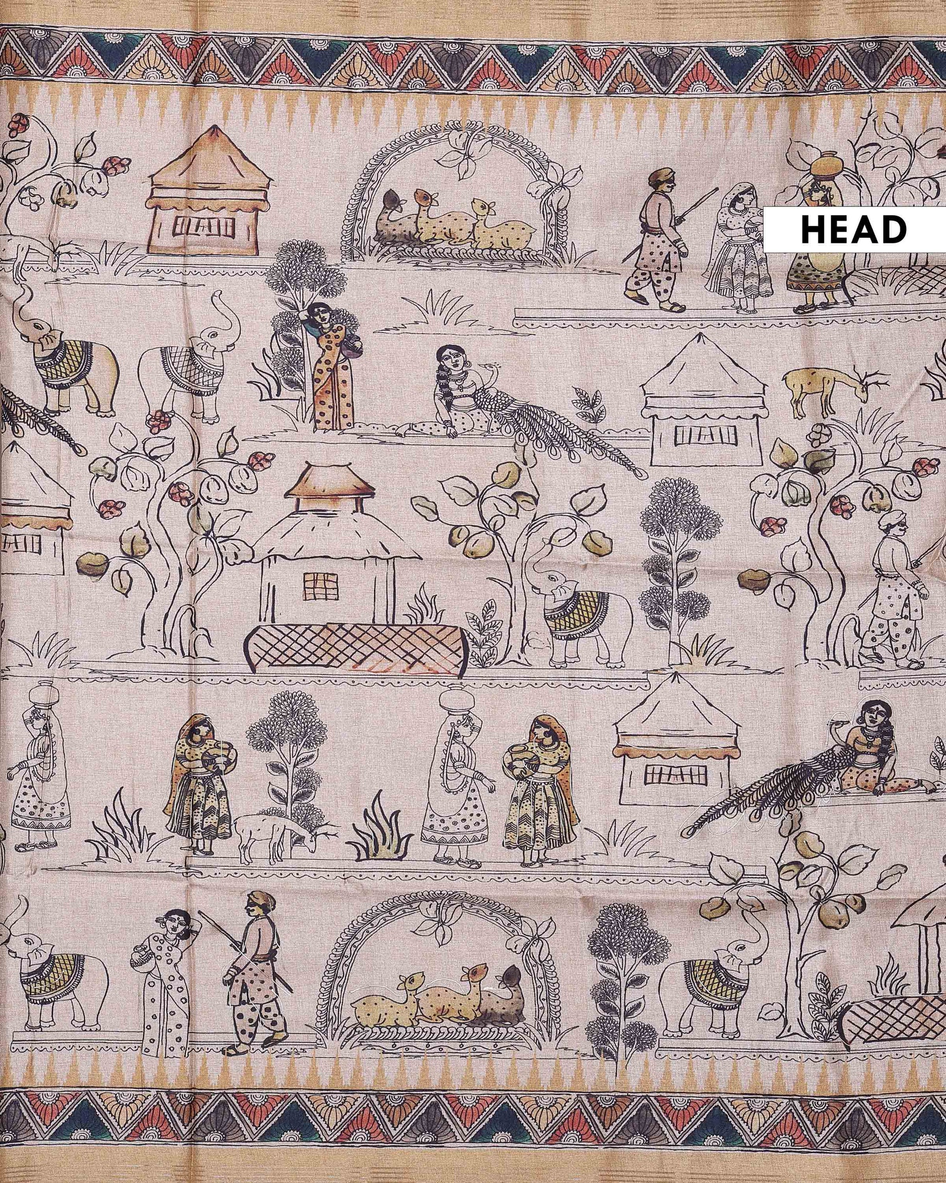 Classic Semi Tussar Saree with Tribal and Folk Art Print and Geometric Printed Border - Beige-Head