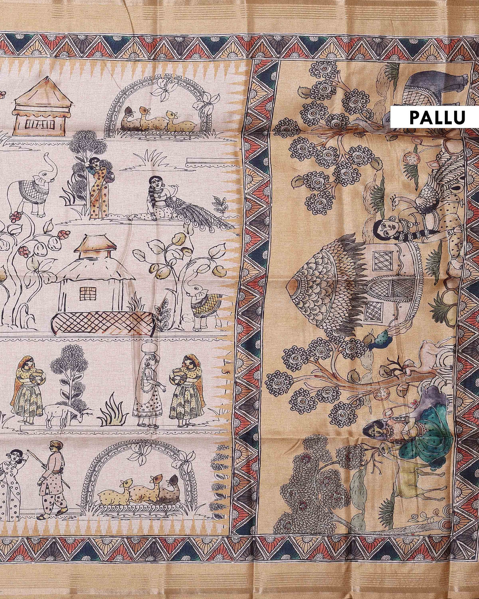 Classic Semi Tussar Saree with Tribal and Folk Art Print and Geometric Printed Border - Beige-Pallu