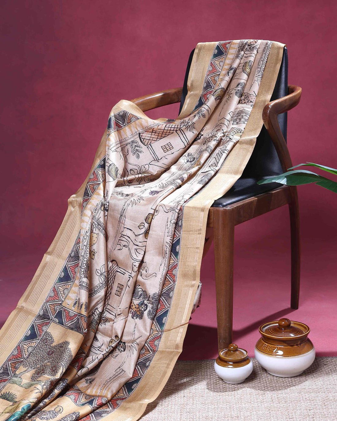 Classic Semi Tussar Saree with Tribal and Folk Art Print and Geometric Printed Border - Beige