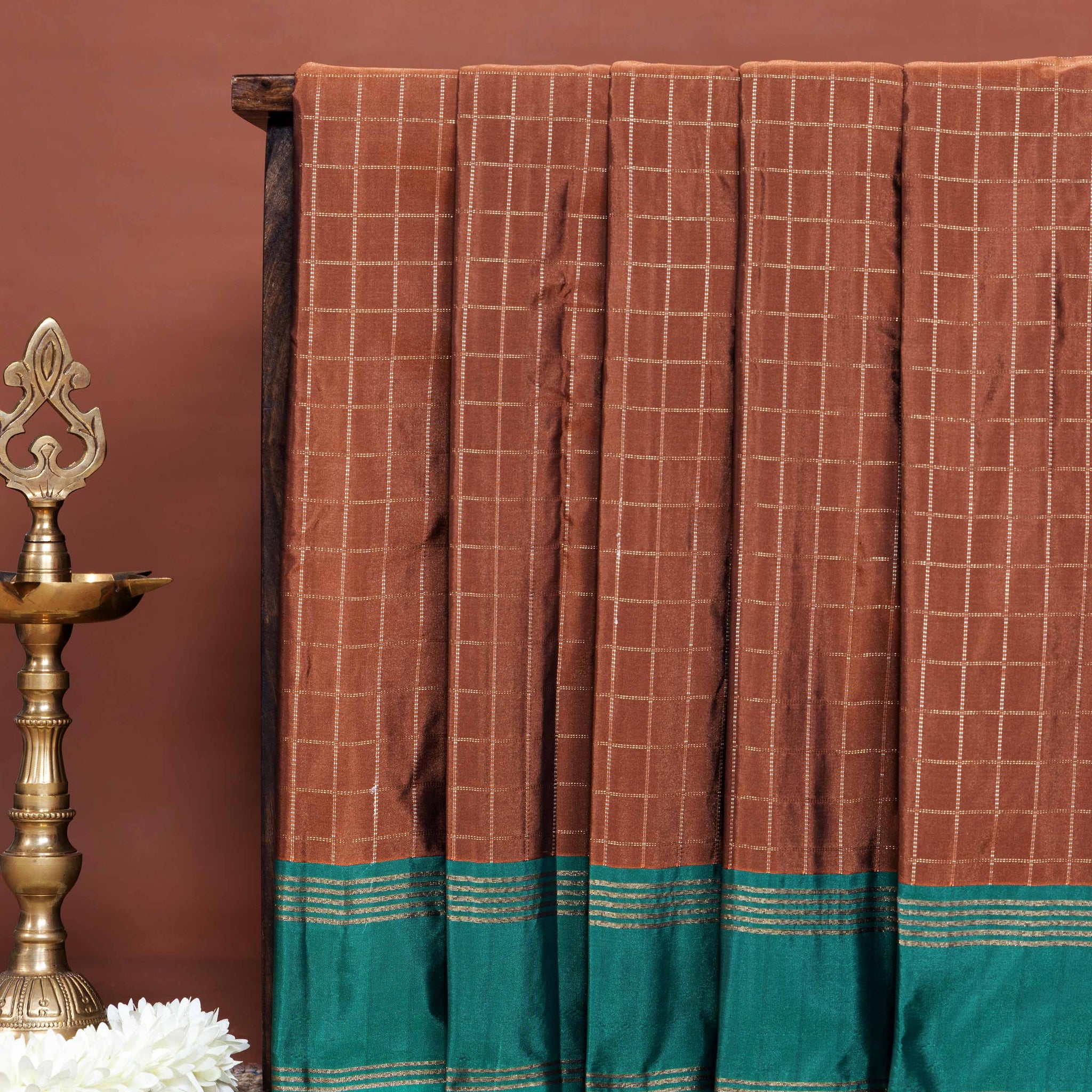 Classic Soft Silk Saree Woven Checkered Body and Elegant Contrast Border - Brown