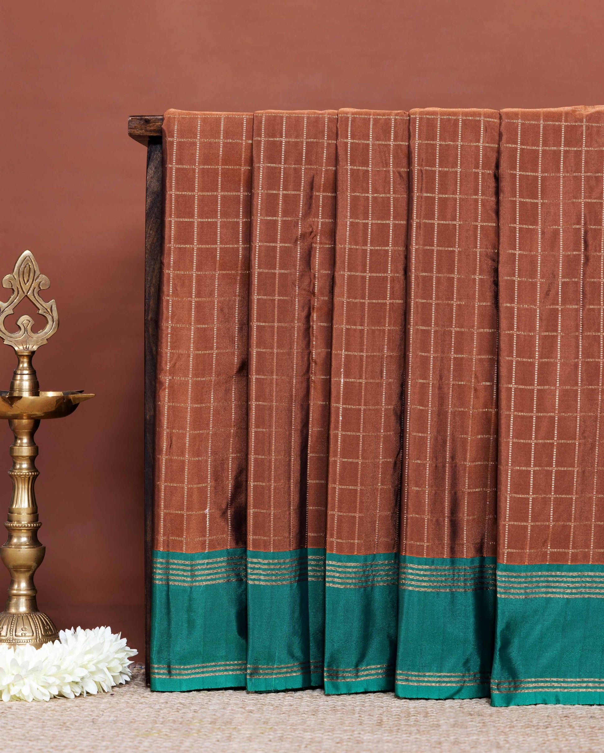 Classic Soft Silk Saree Woven Checkered Body and Elegant Contrast Border - Brown