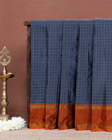 Classic Soft Silk Saree with Elegant Checked Weave and Classic Contrast Border - Navy Blue