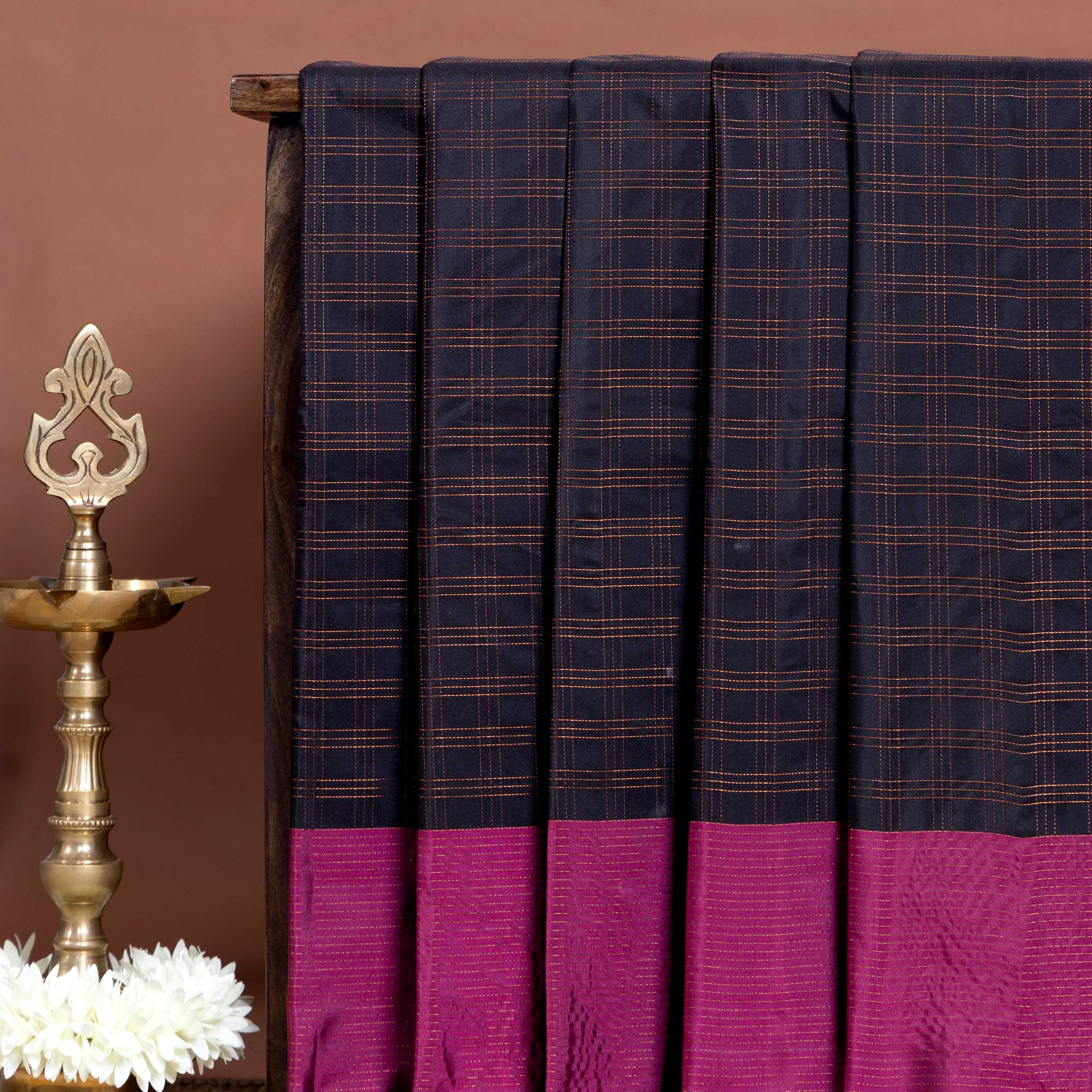 Classic Soft Silk Saree with Handcrafted Zari Checked Detailing and Rich Border Finish - Black