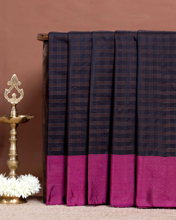 Classic Soft Silk Saree with Handcrafted Zari Checked Detailing and Rich Border Finish - Black