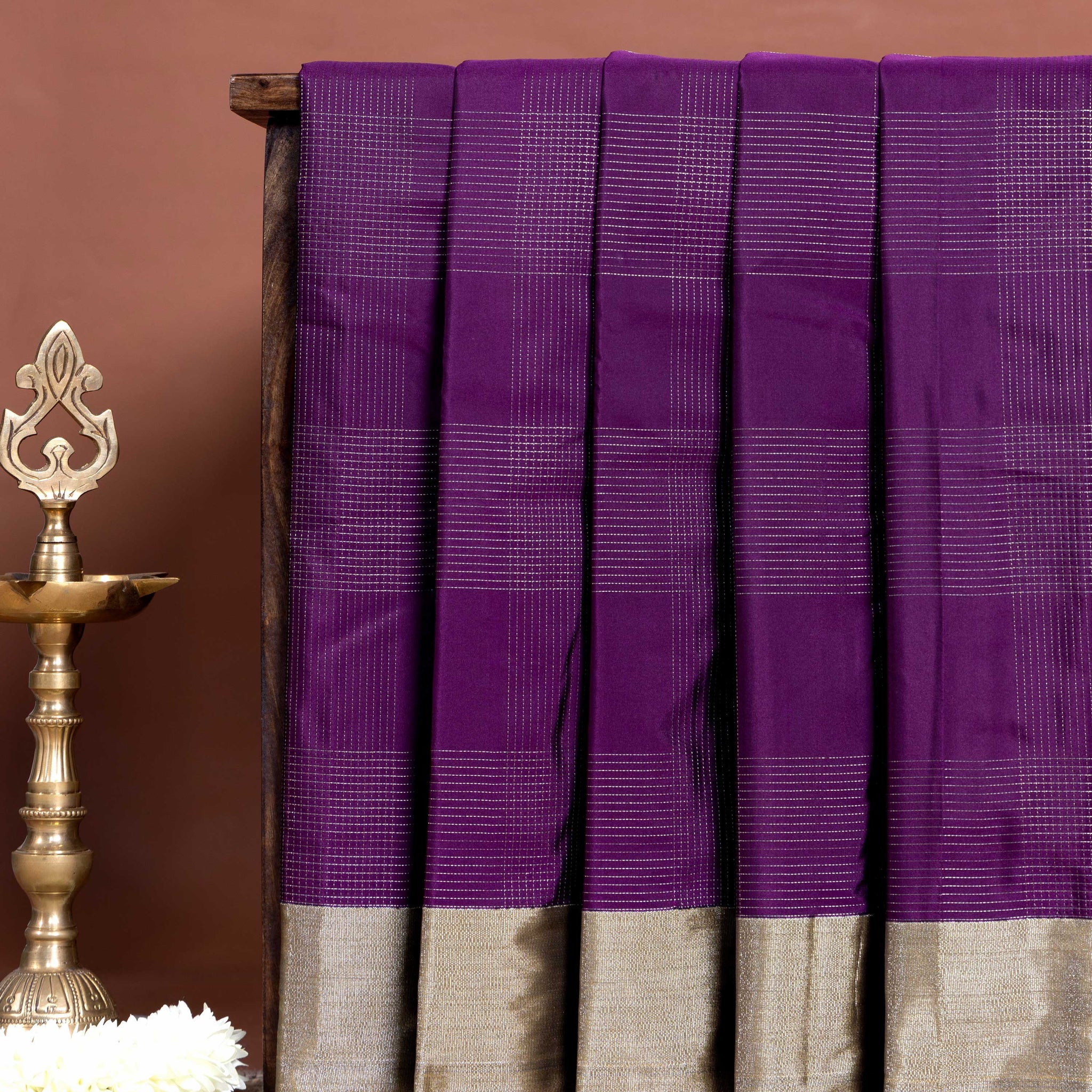 Classic Soft Silk Saree with Intricate Zari Checked Weave and Elegant Contrast Border - Purple