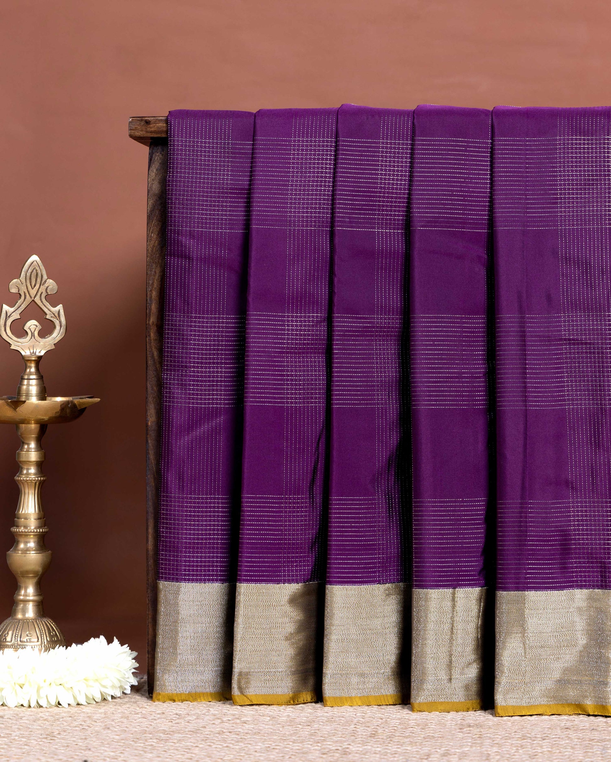 Classic Soft Silk Saree with Intricate Zari Checked Weave and Elegant Contrast Border - Purple