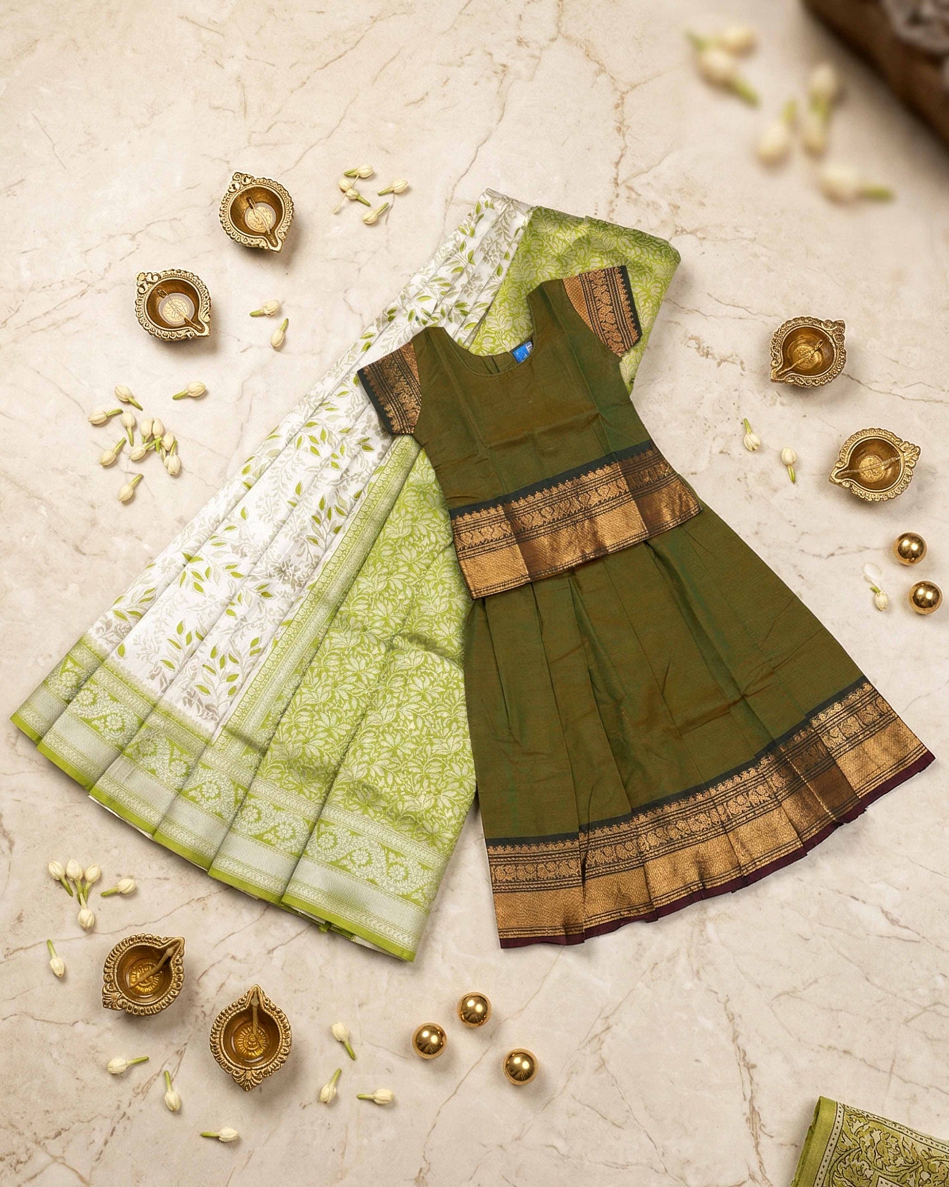 Classic South Indian Silk Saree with Kids Pattu Pavadai Combo Set