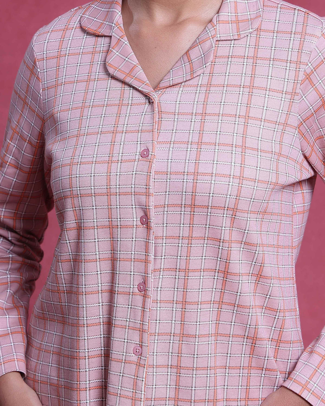 Women’s Cotton Checkered Nightwear Set Long Sleeve Button Down Top with Collar - Light Pink
