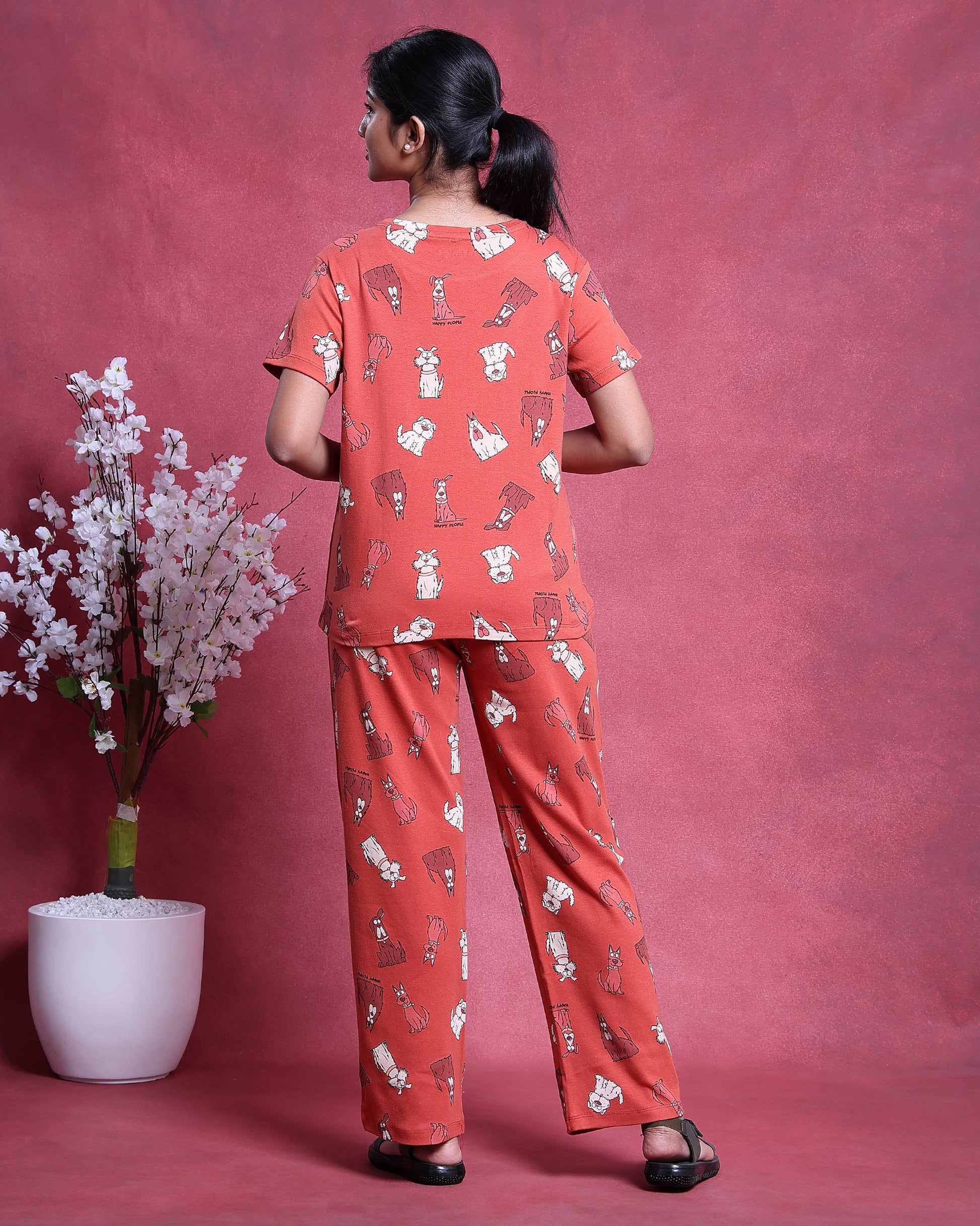 Women’s Printed Nightwear Set Short Sleeve Round Neck Top with Full Length Pajama Pants, Orange