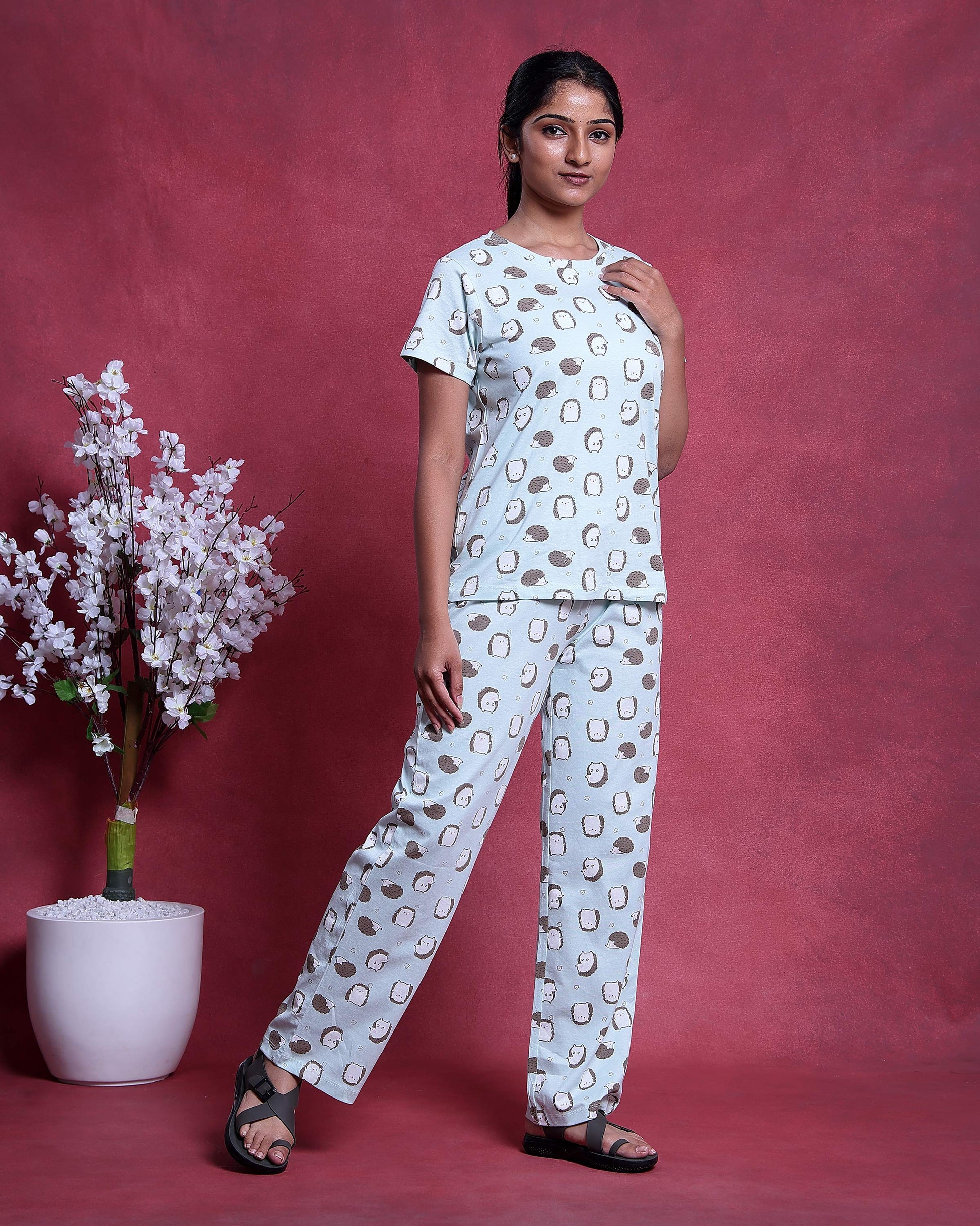 Women’s Printed Nightwear Set Short Sleeve Round Neck Top with Full Length Pajama Pants, Aqua Blue