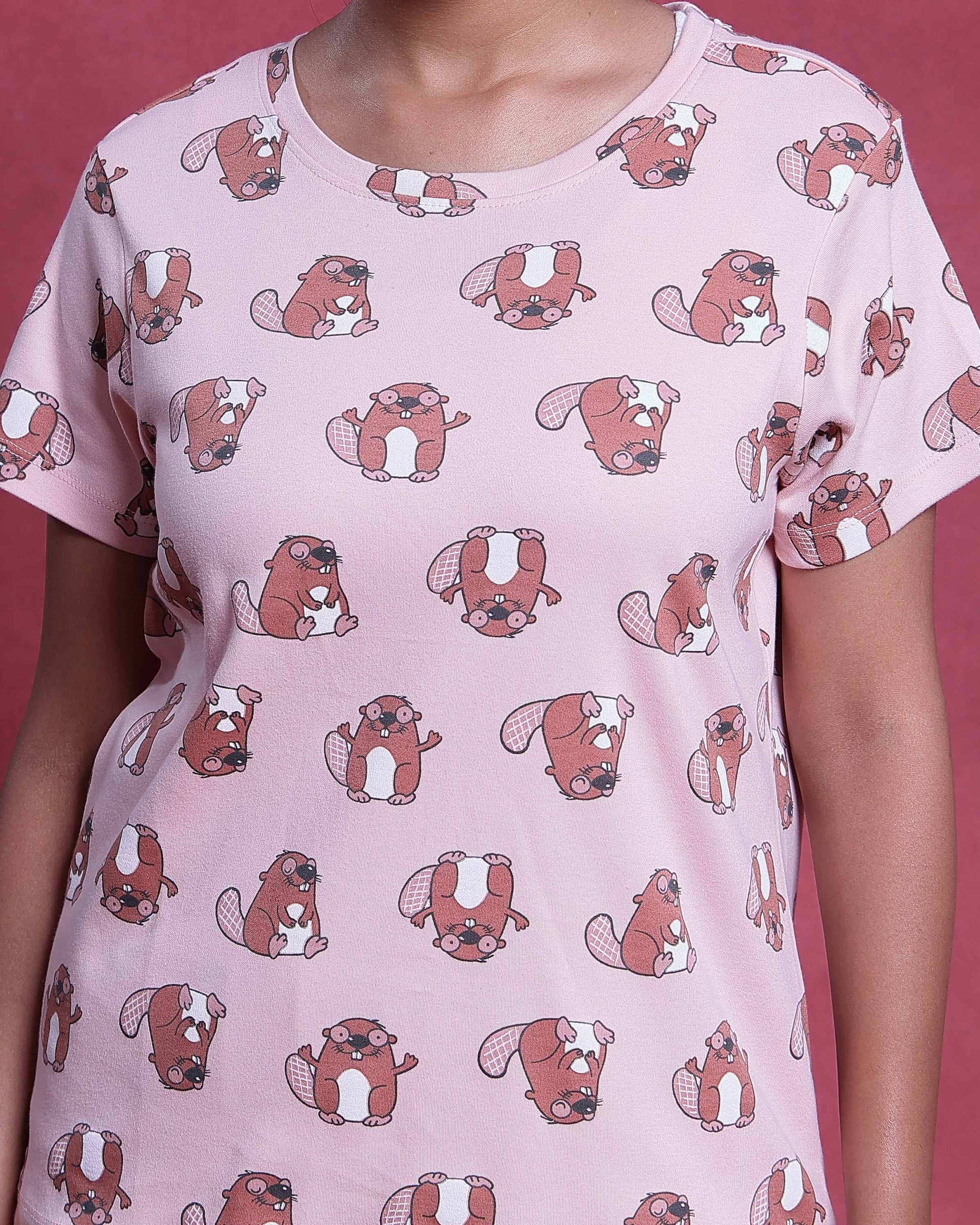 Women’s Printed Nightwear Set Short Sleeve Round Neck Top with Full Length Pajama Pants, Peach