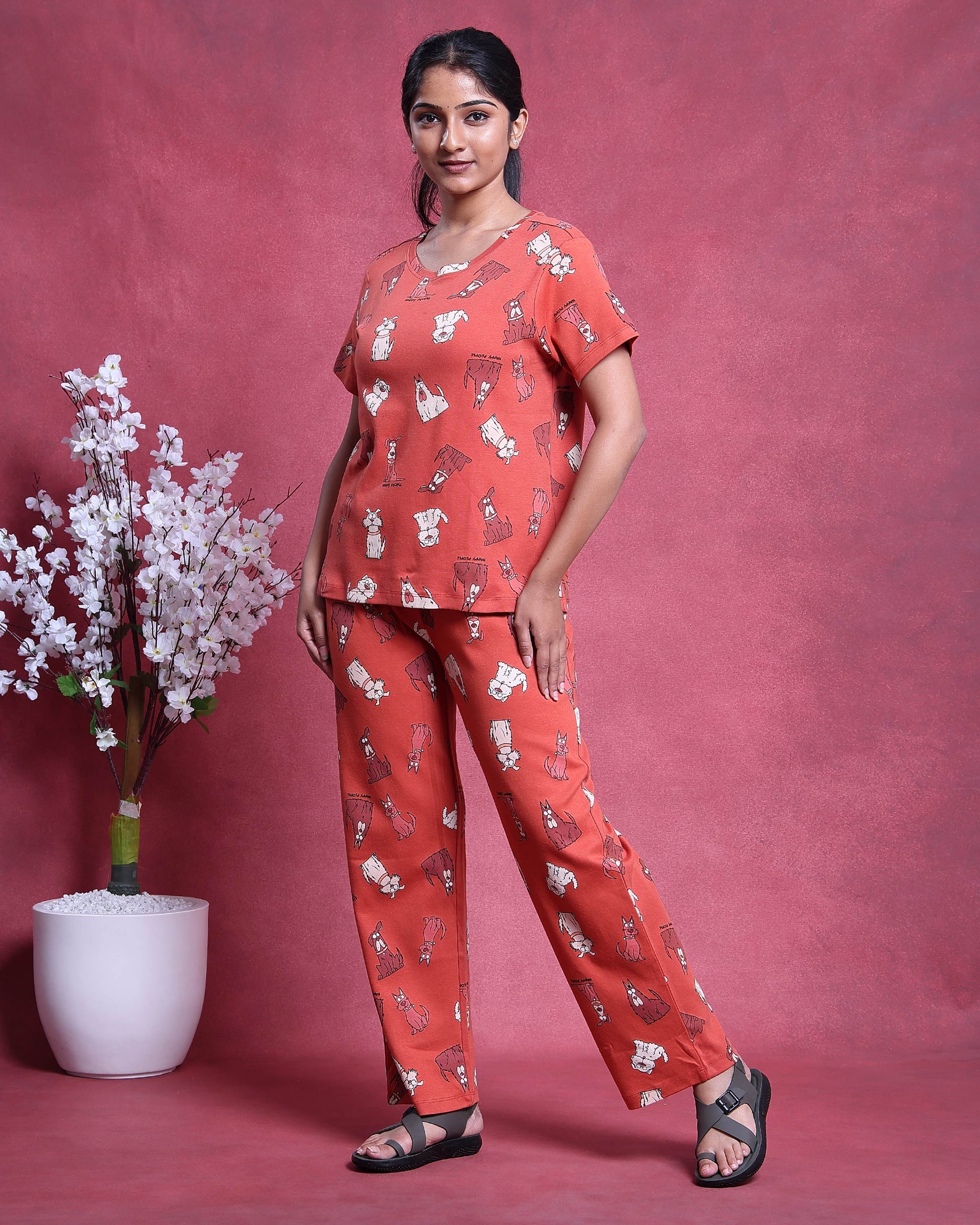 Women’s Printed Nightwear Set Short Sleeve Round Neck Top with Full Length Pajama Pants, Orange