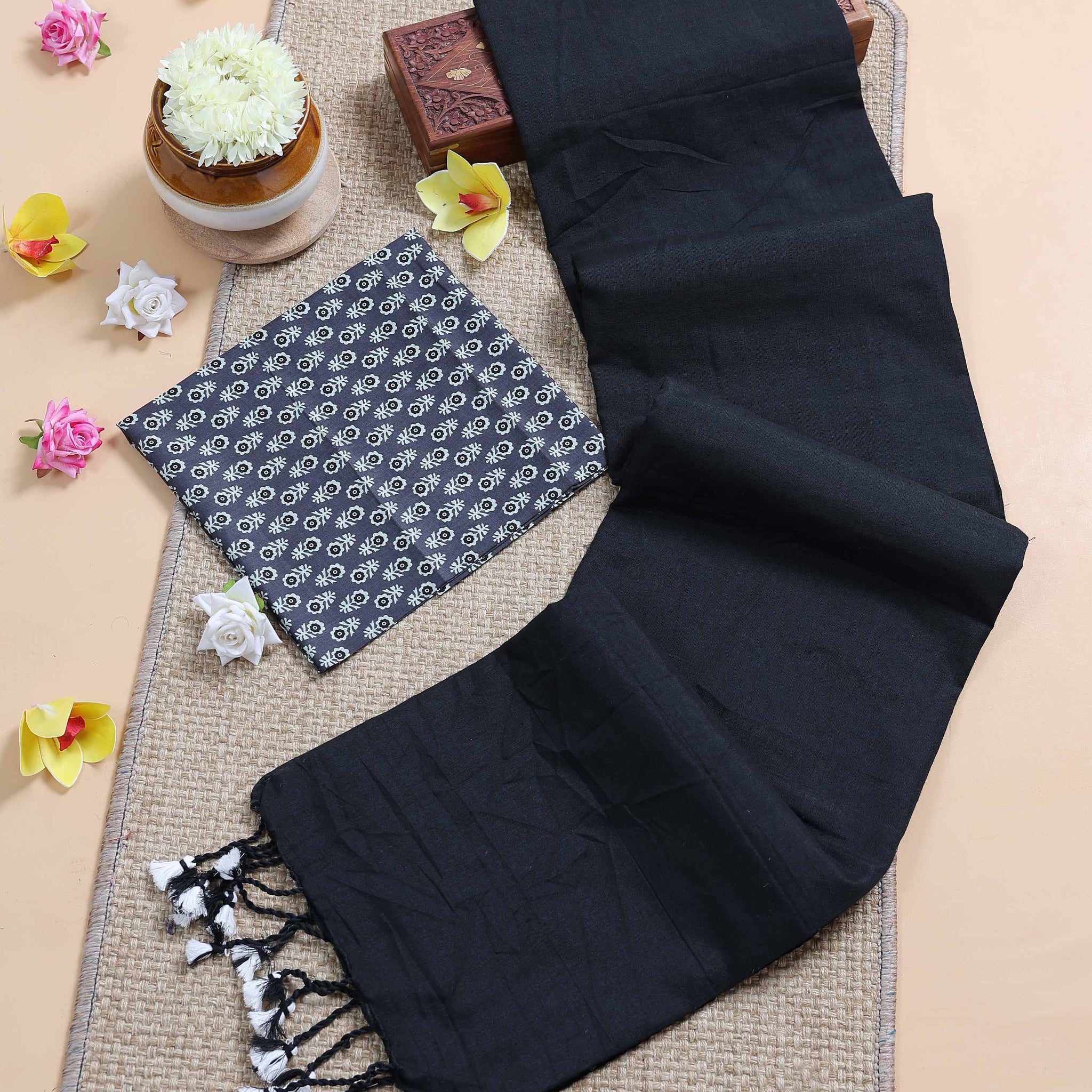 Traditional Khadi Cotton Saree with Contrast Printed Blouse and Tassel Accents - Black