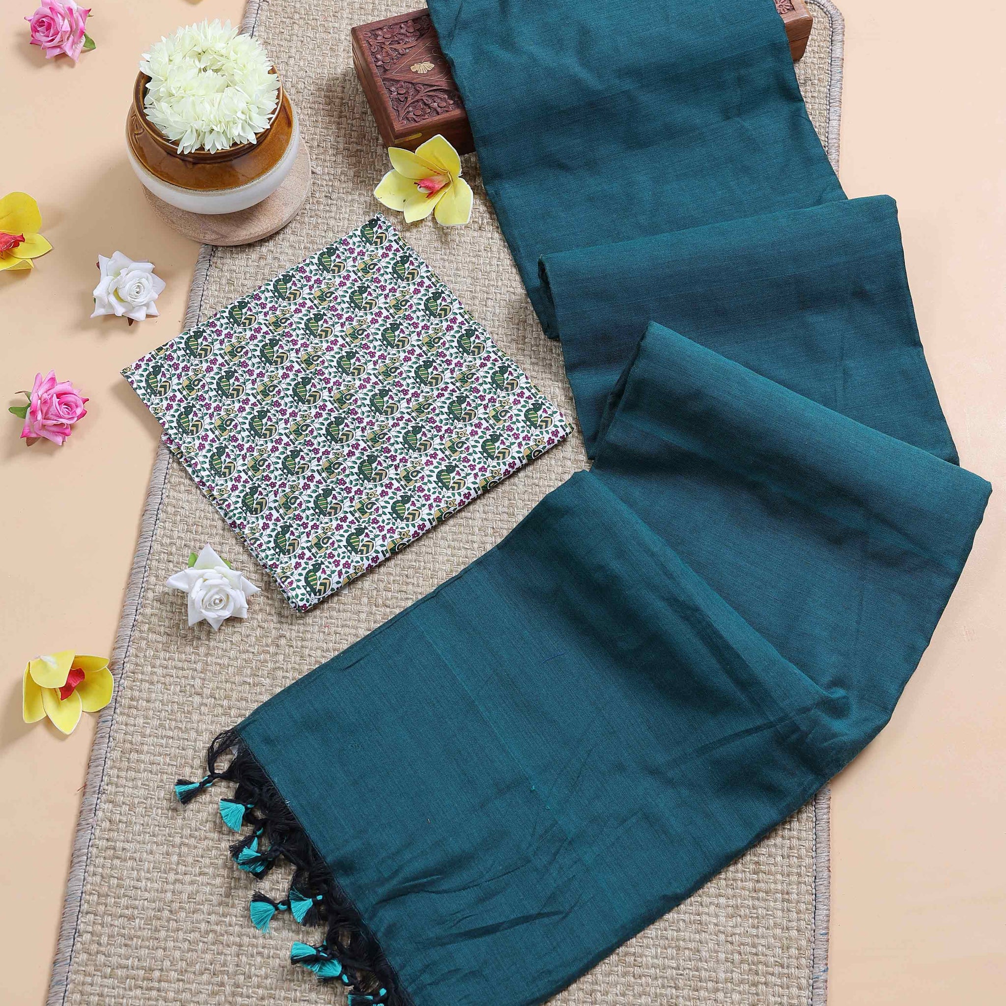 Traditional Khadi Cotton Saree with Contrast Printed Blouse and Tassel Accents - Teal
