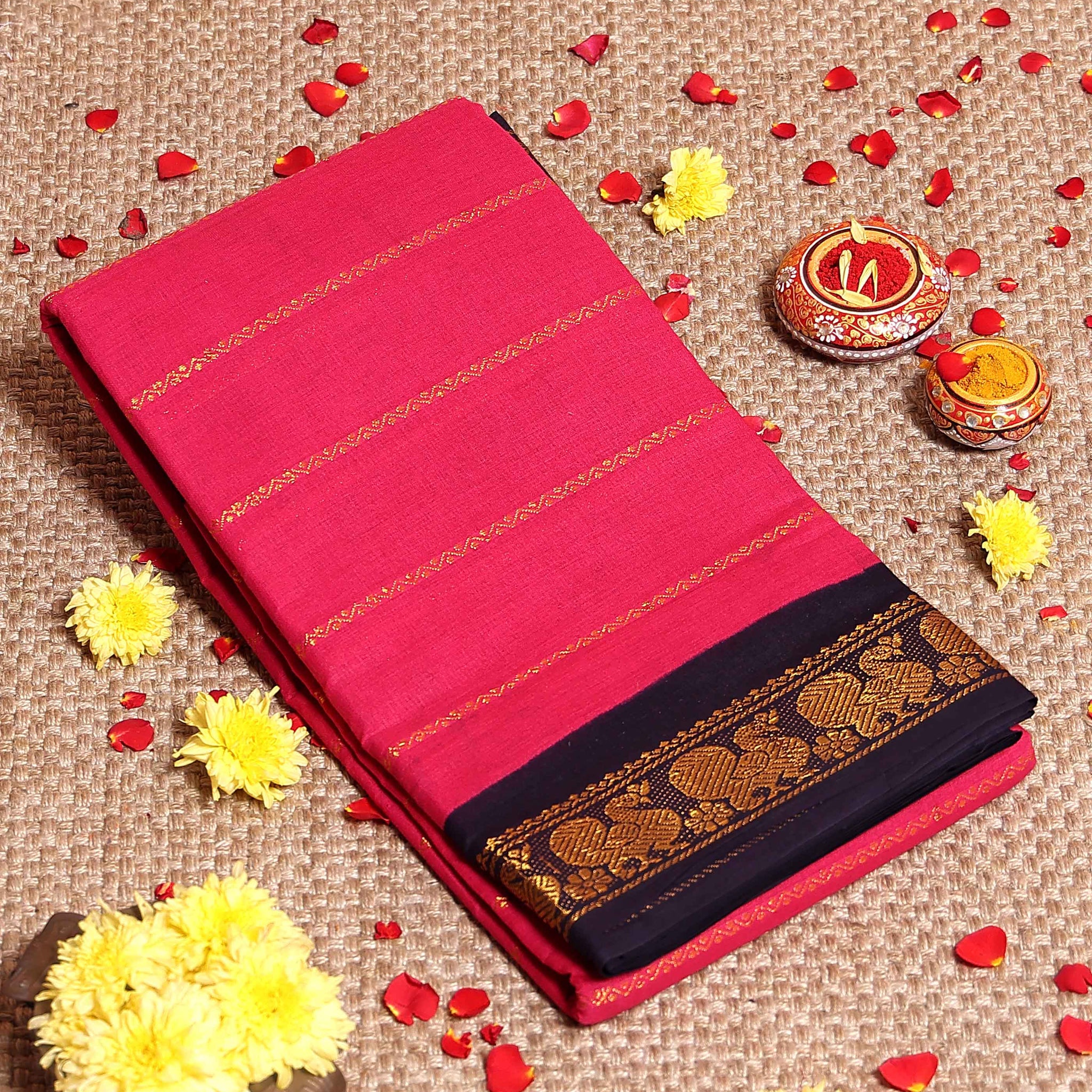 Elegant Sungudi Cotton Saree with Striped Body and Rich Zari Border  - Pink