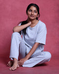 Women’s Cotton Striped Nightwear Set Short Sleeve Round Neck Top with Full Length Pajama Pants, Blue