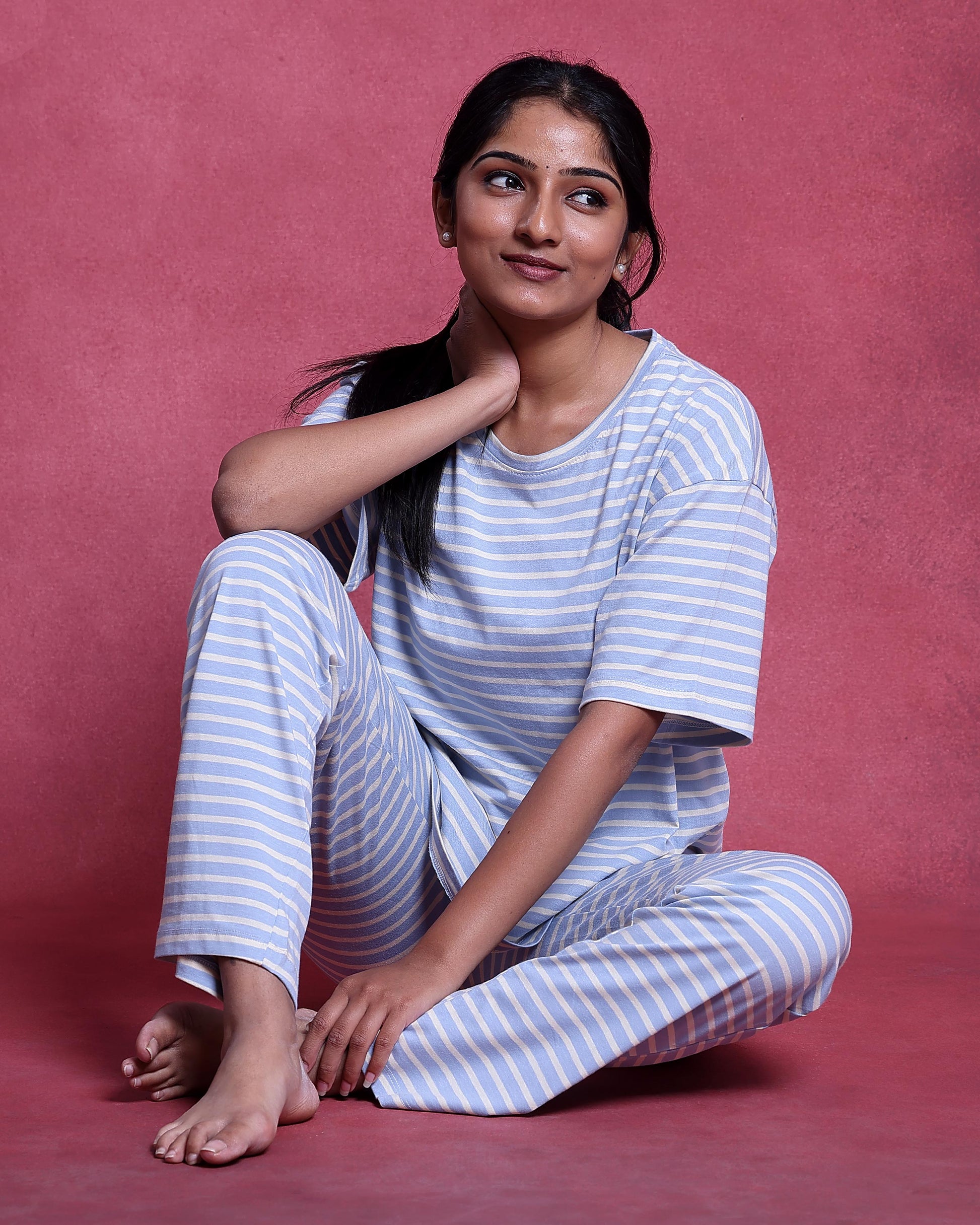 Women’s Cotton Striped Nightwear Set Short Sleeve Round Neck Top with Full Length Pajama Pants, Blue