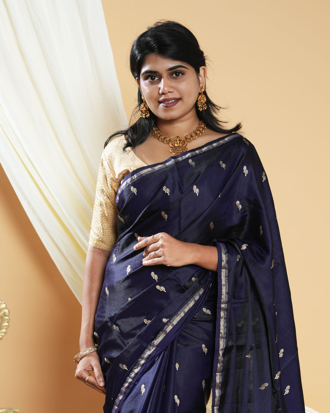 Elegant Handwoven Banarasi Silk Saree Accented with Subtle Zari Buttas and a Classic Zari Border - Navy Blue