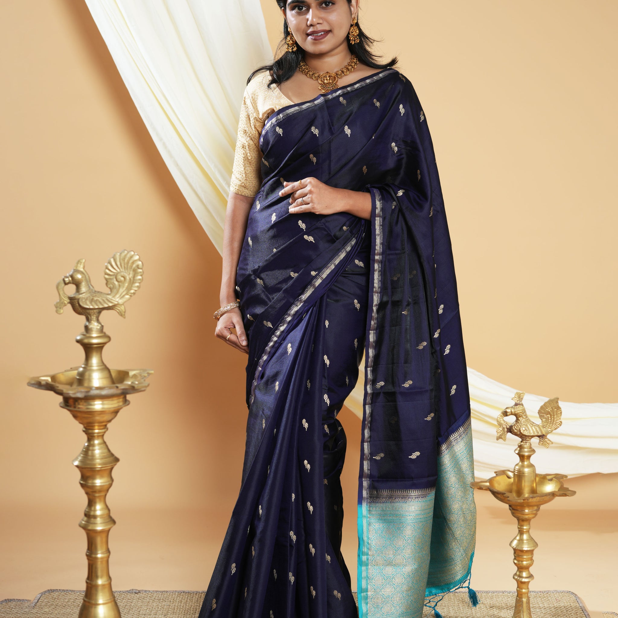 Elegant Handwoven Banarasi Silk Saree Accented with Subtle Zari Buttas and a Classic Zari Border - Navy Blue