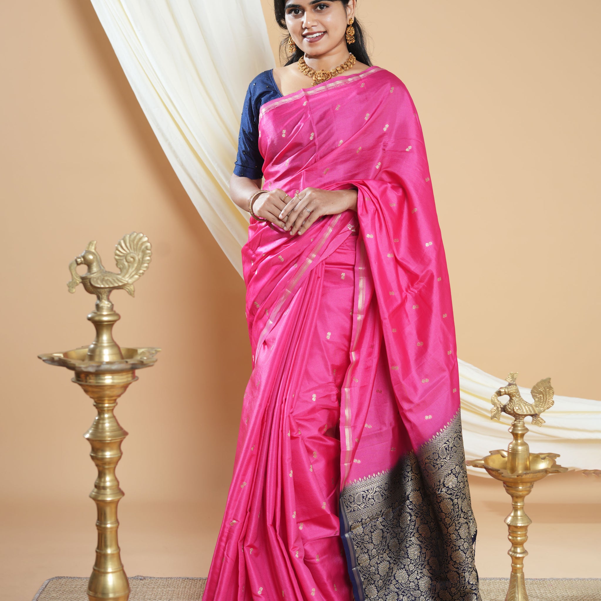 Elegant Handwoven Banarasi Silk Saree Accented with Subtle Zari Buttas and a Classic Zari Border - Pink