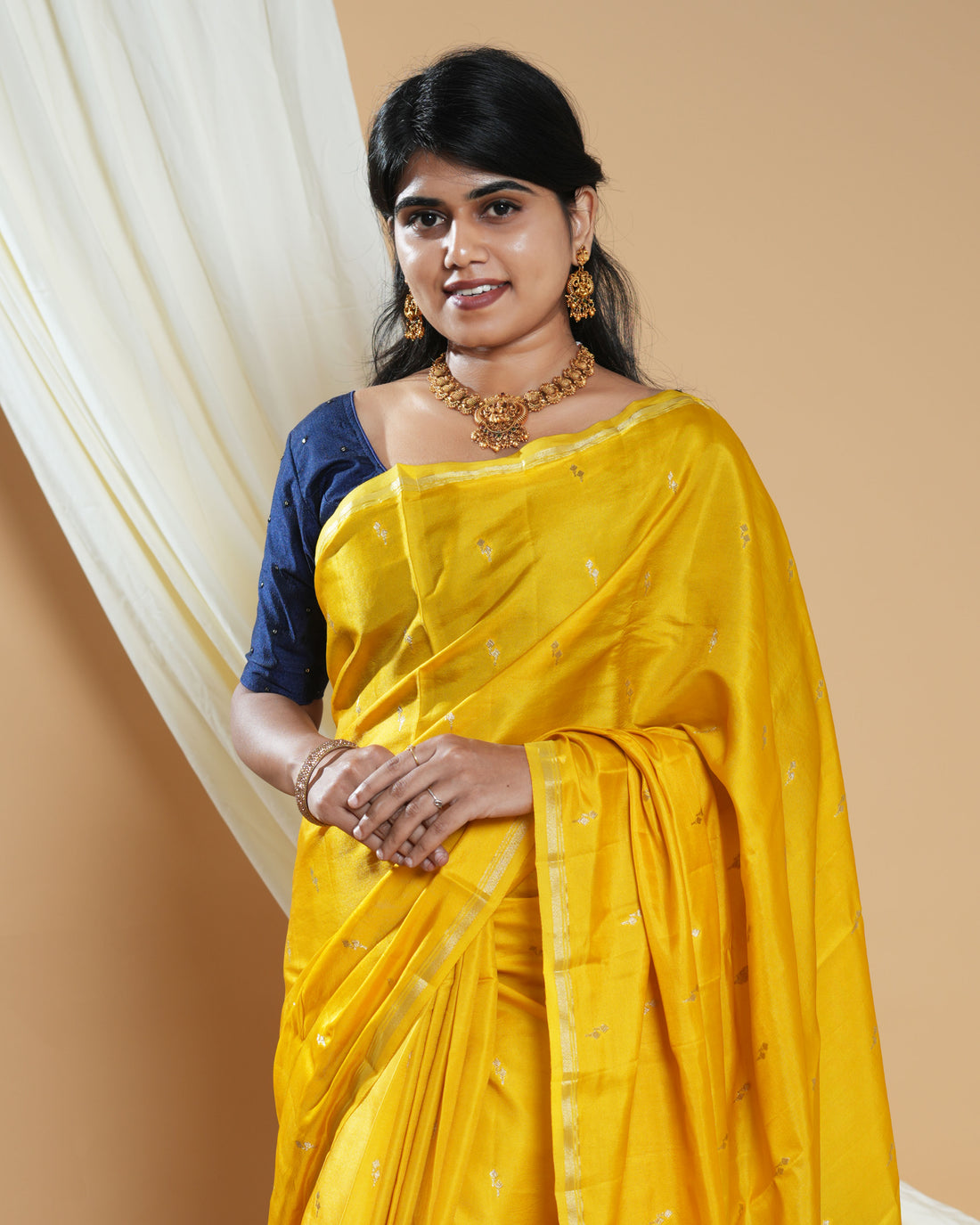 Elegant Handwoven Banarasi Silk Saree Accented with Subtle Zari Buttas and a Classic Zari Border- Dark Yellow