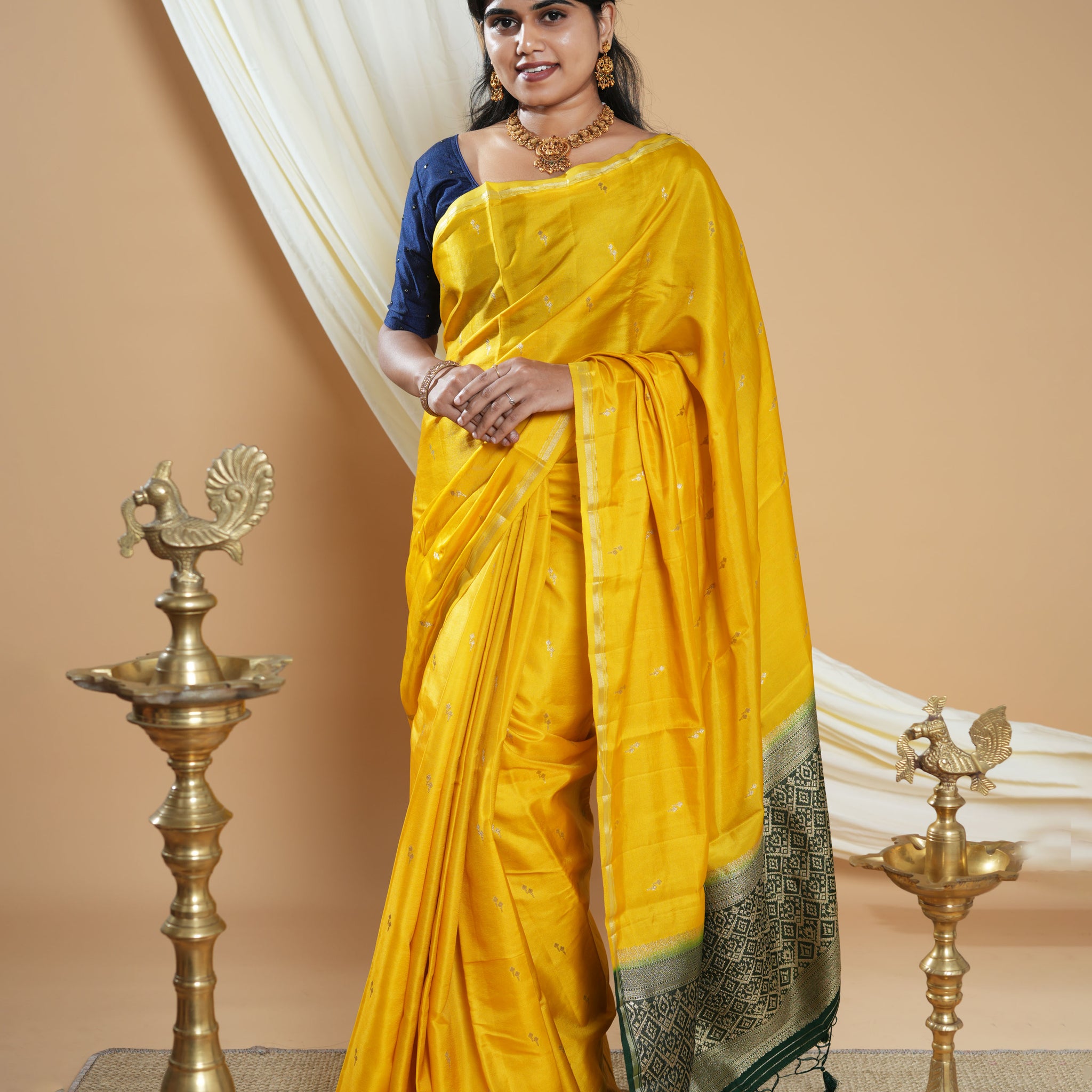 Elegant Handwoven Banarasi Silk Saree Accented with Subtle Zari Buttas and a Classic Zari Border- Dark Yellow