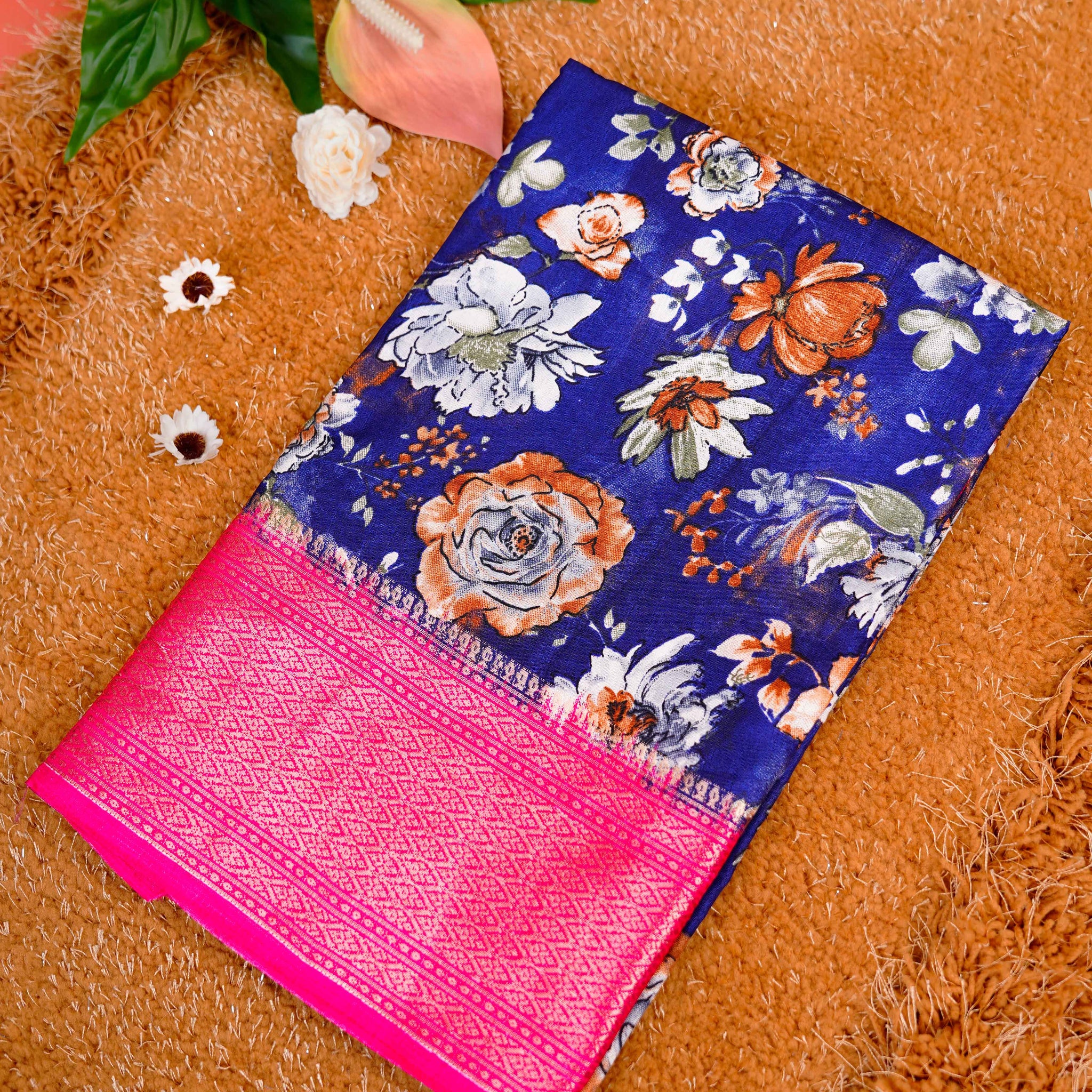 Navy With Dark Pink Color Dola Saree - DO36
