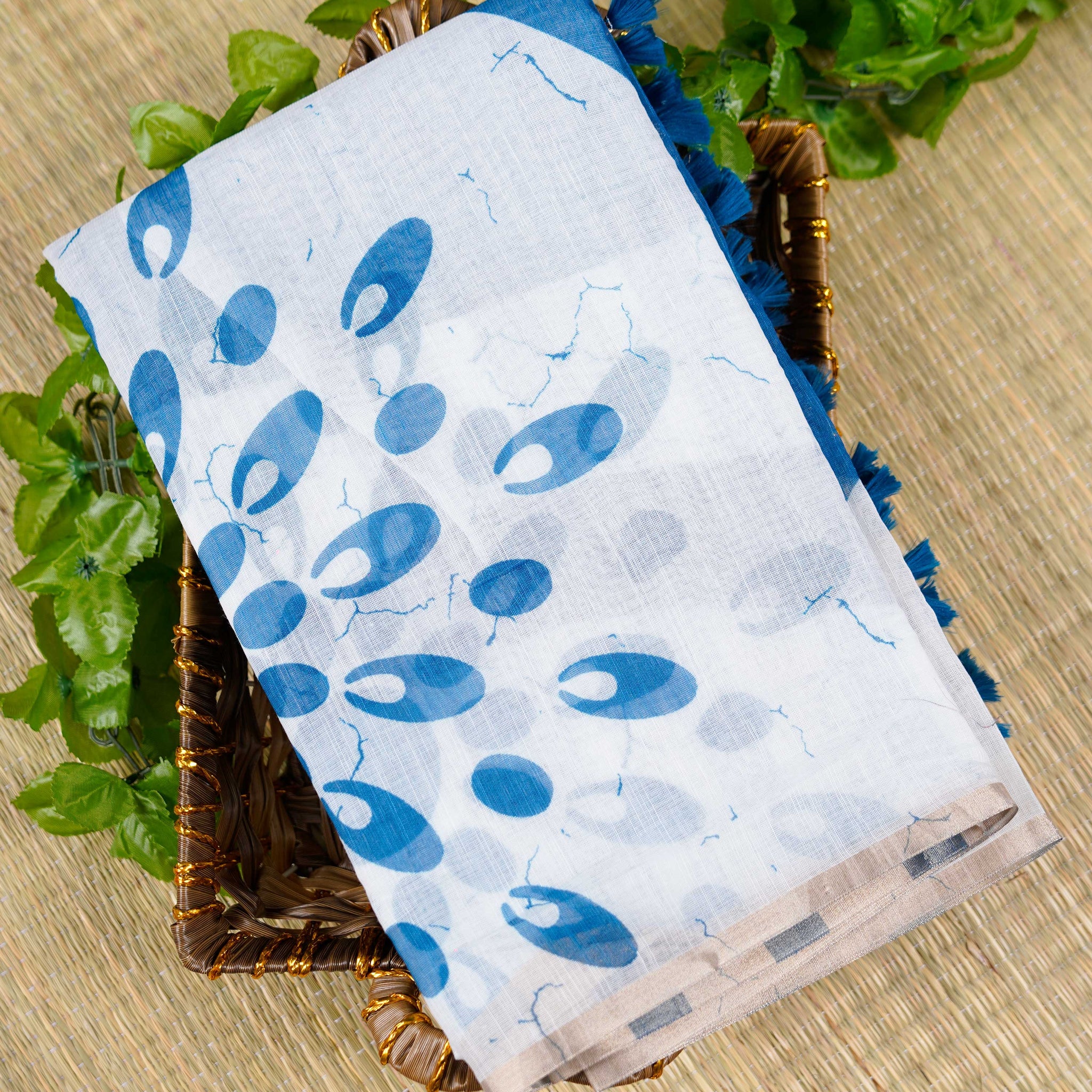Linen Cotton Saree with Abstract Print - White