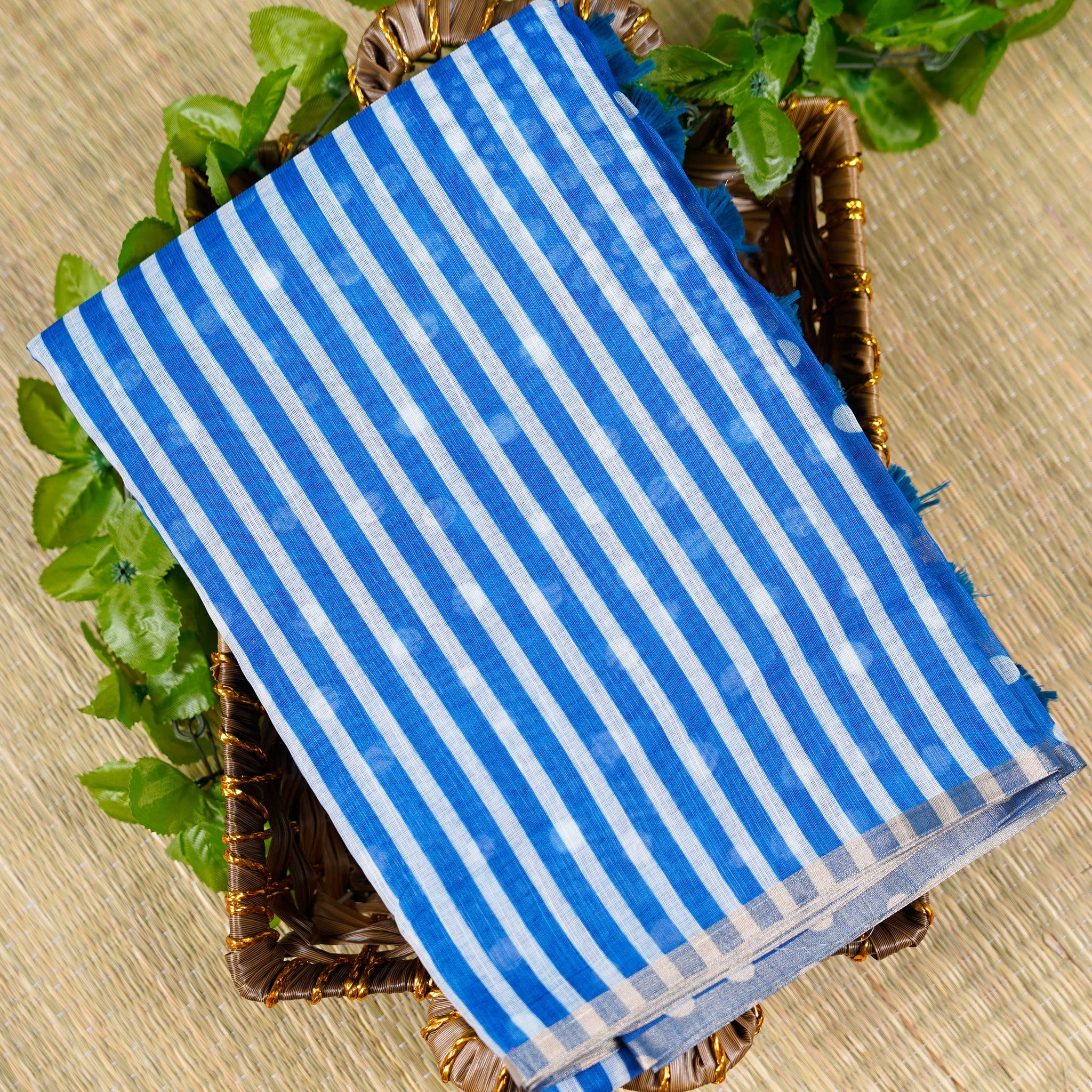 Lightweight Linen Cotton Striped Saree - Blue