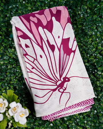 Satin Saree with Bold Butterfly Motif and Geometric Border - White