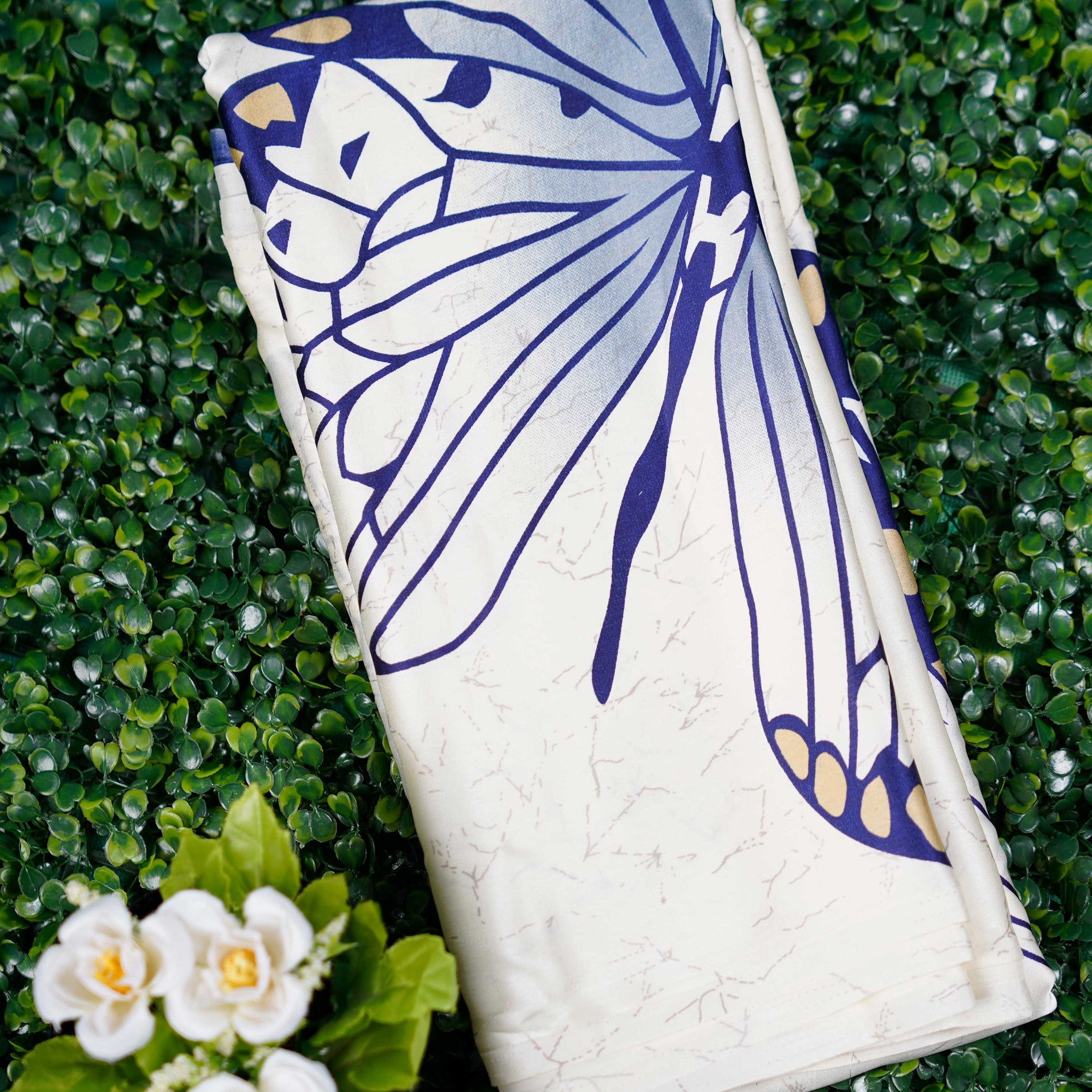 Saree with Bold Butterfly Motif and Geometric Border - White
