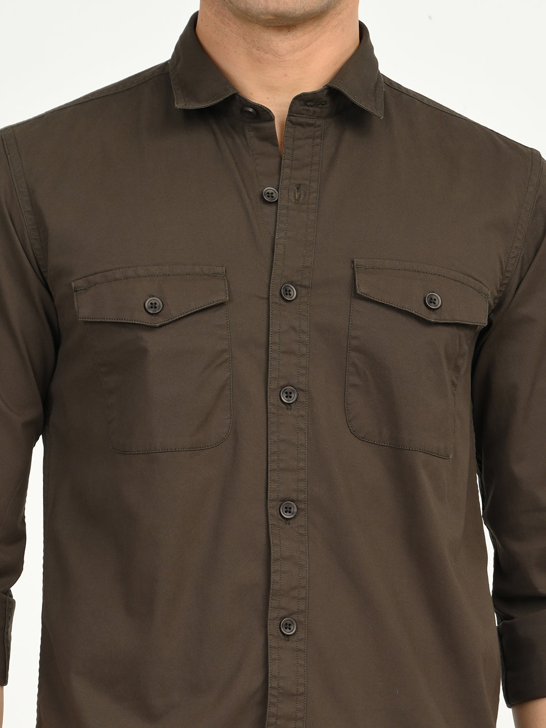 Men’s Native Bull Solid Double Pocket Casual Shirt with Full Sleeves and Button Down Collar - Brown