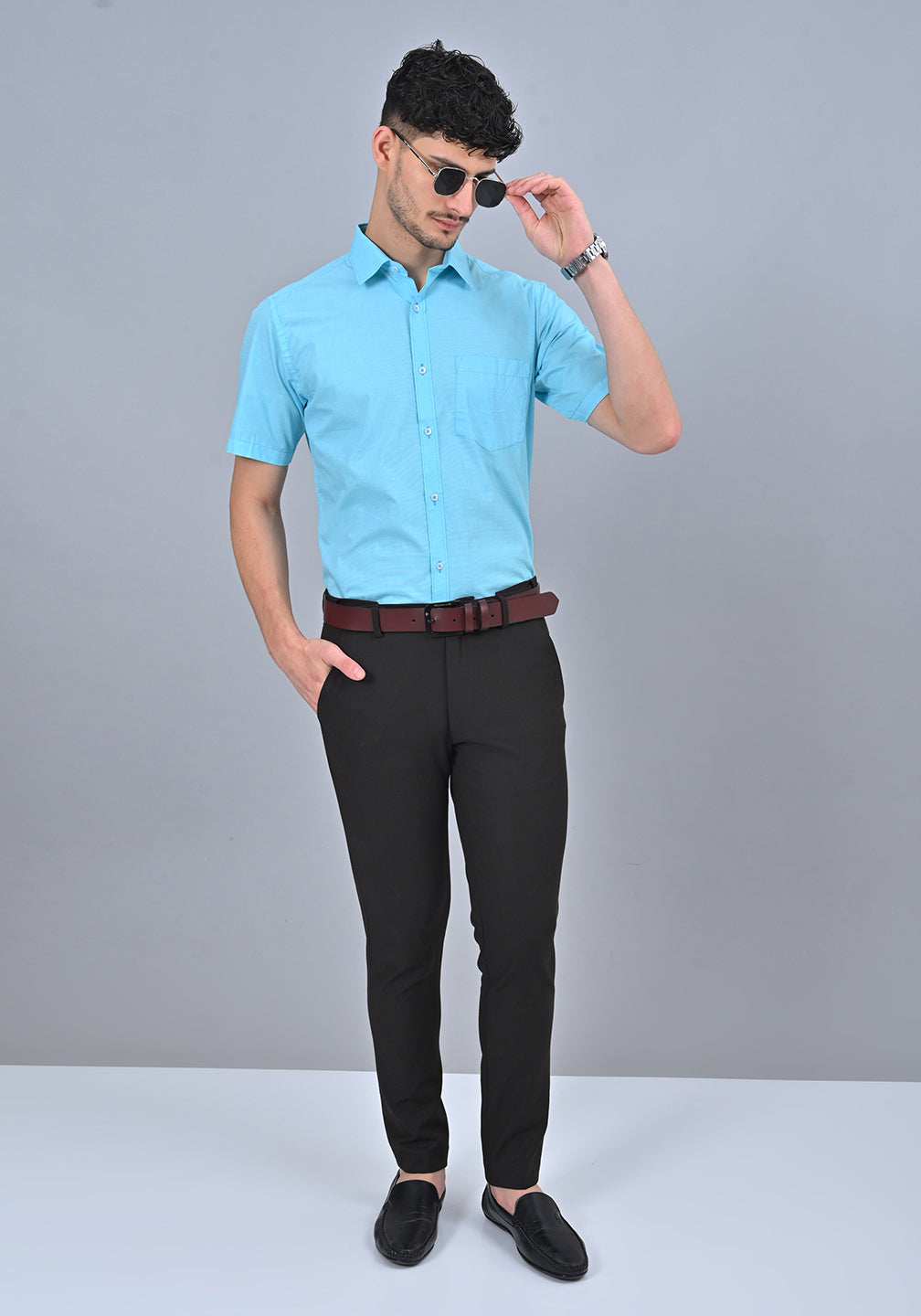 Sky Blue Colour Solid Formal Half Sleeve Shirt
