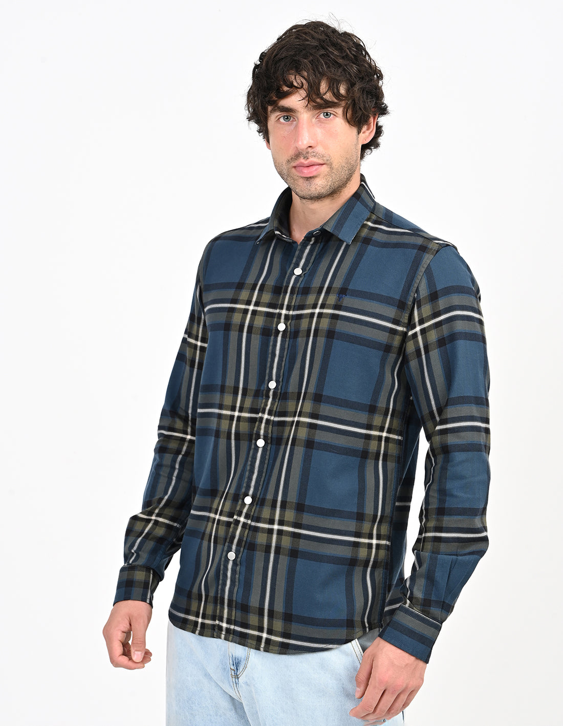 Men's Nativebull Checked Button-Down Collar Long Sleeve Cotton Casual Shirt - Teal
