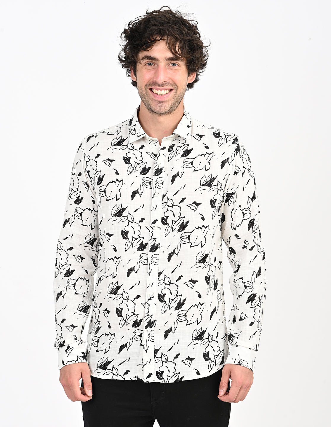 Men's Nativebull Floral Printed Button-Down Collar Long Sleeve Cotton Casual Shirt - Off White