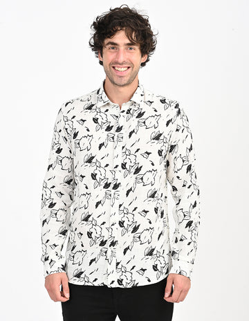 Men's Nativebull Floral Printed Button-Down Collar Long Sleeve Cotton Casual Shirt - Off White