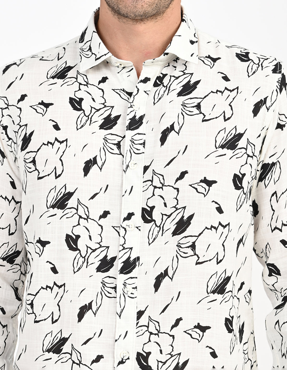Men's Nativebull Floral Printed Button-Down Collar Long Sleeve Cotton Casual Shirt - Off White