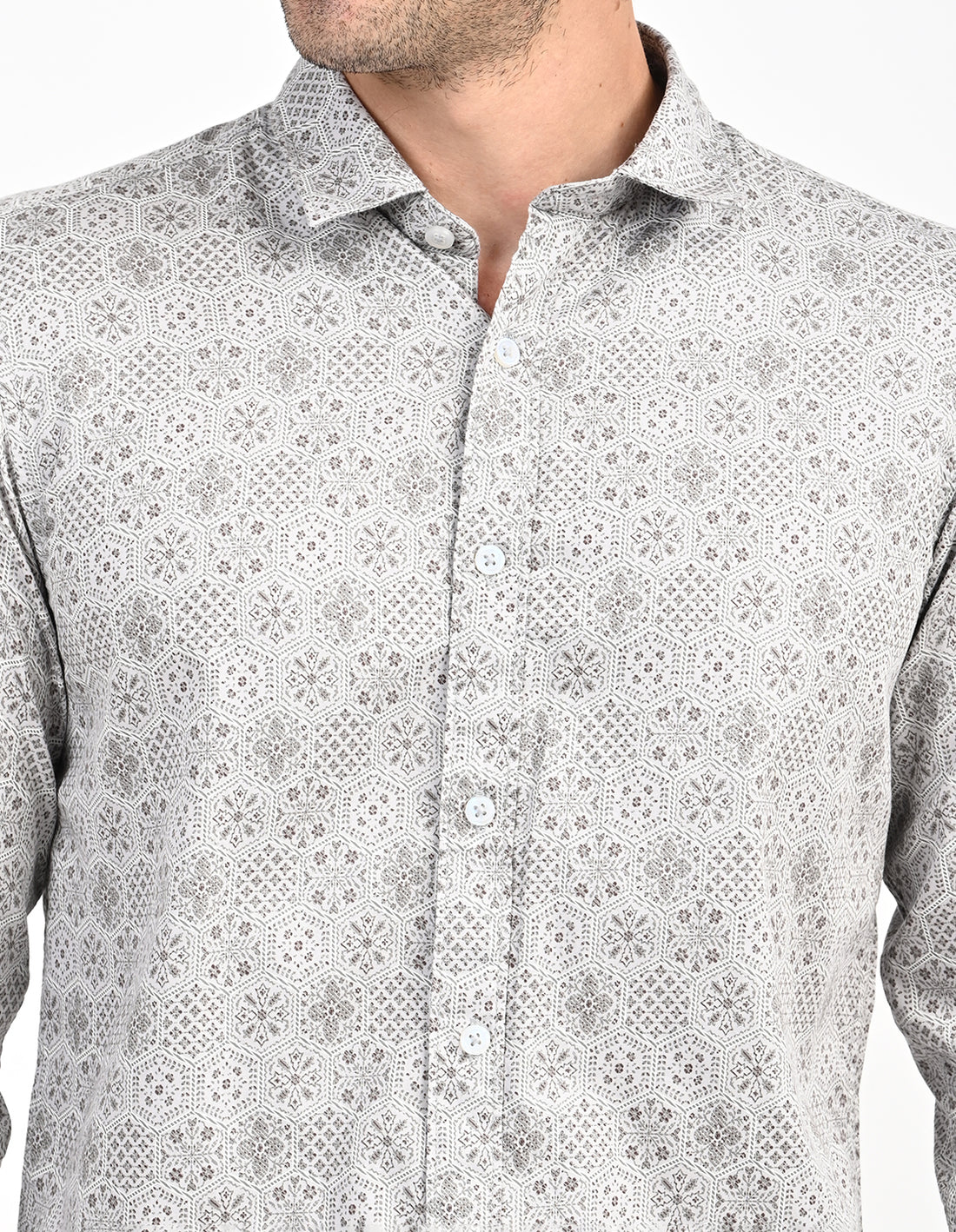 Men's Nativebull Geometric Print Button-Down Collar Long Sleeve Cotton Casual Shirt - Grey