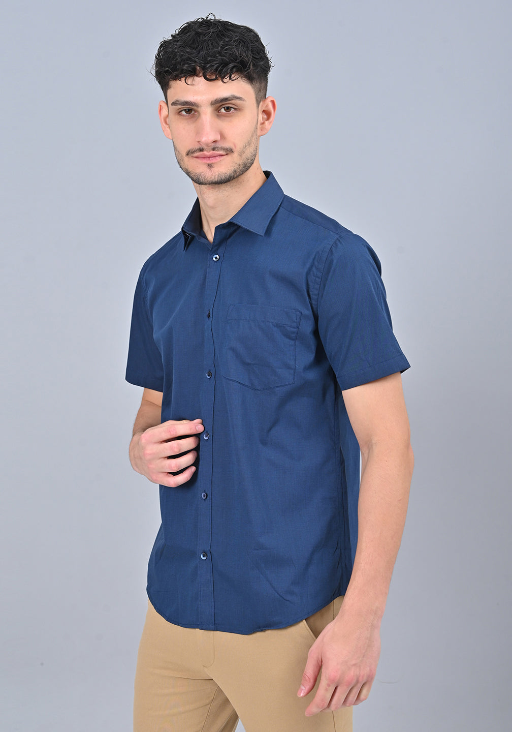 Men's Solid Slim Fit Formal Shirt with Spread Collar and Half Sleeves  - Navy Blue