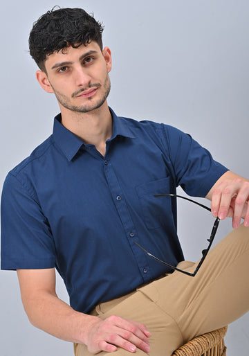Navy Blue Colour Solid Formal Half Sleeve Shirt