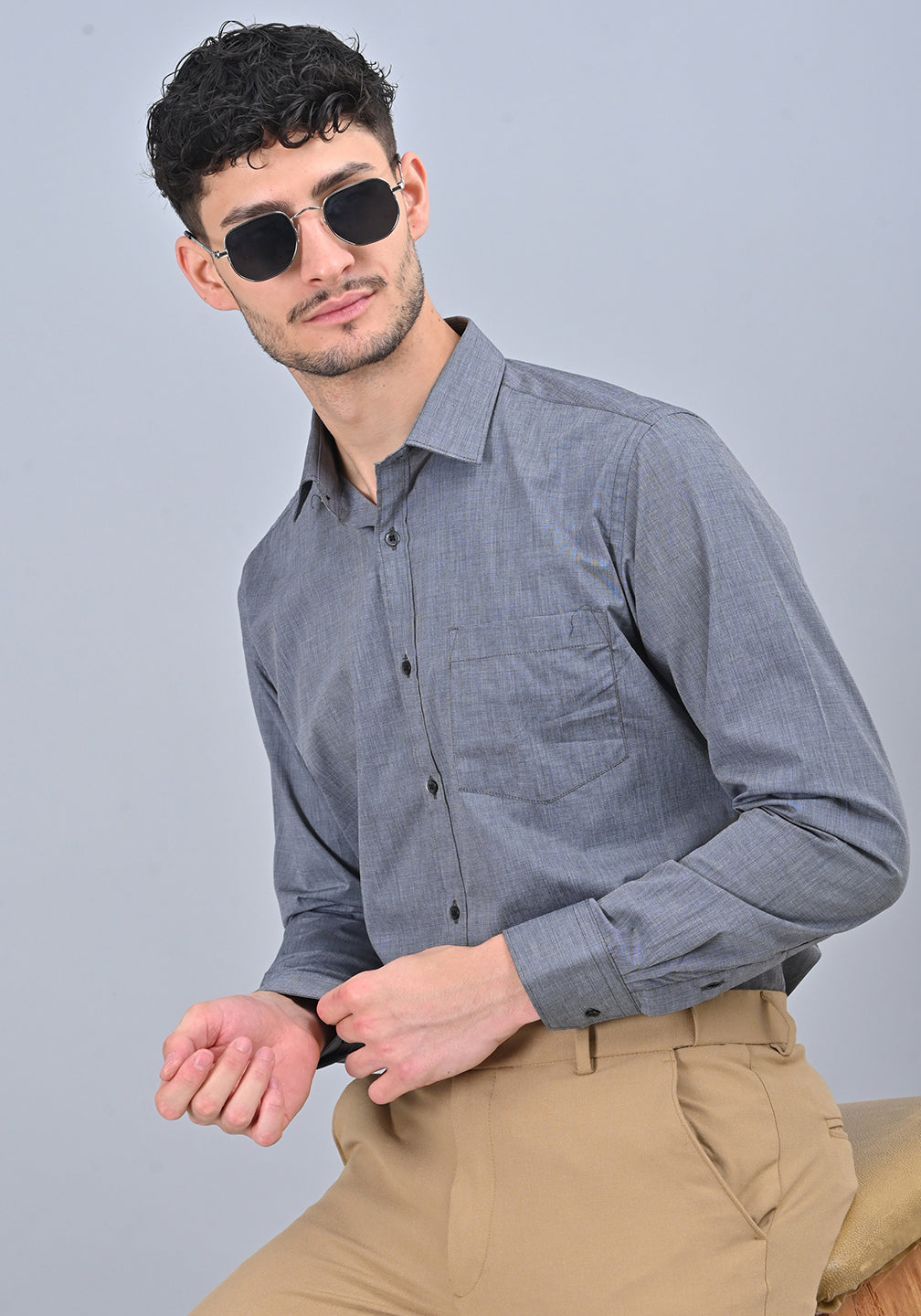 Grey Colour Solid Formal Full Sleeve Shirt