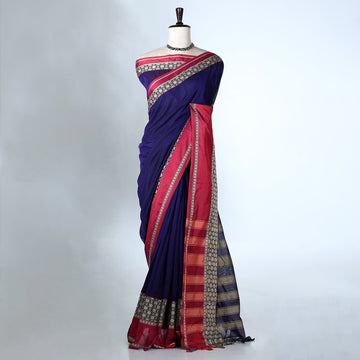 Dark Blue Mangalagiri Cotton Saree With Red Zari Border And Woven Pallu - Full View